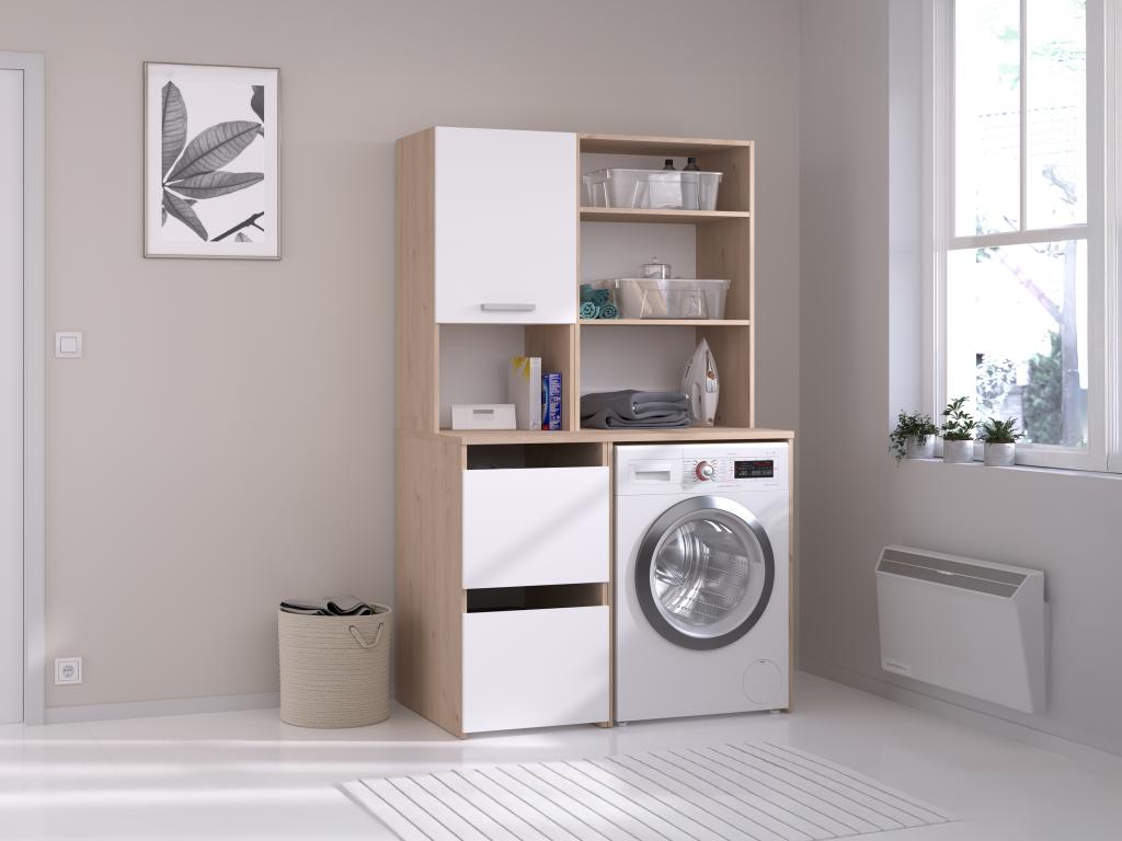 Mueble para lavadora con estantes y armarios - Natural claro y blanco - L111 x Alt. 184 cm - ERKANO