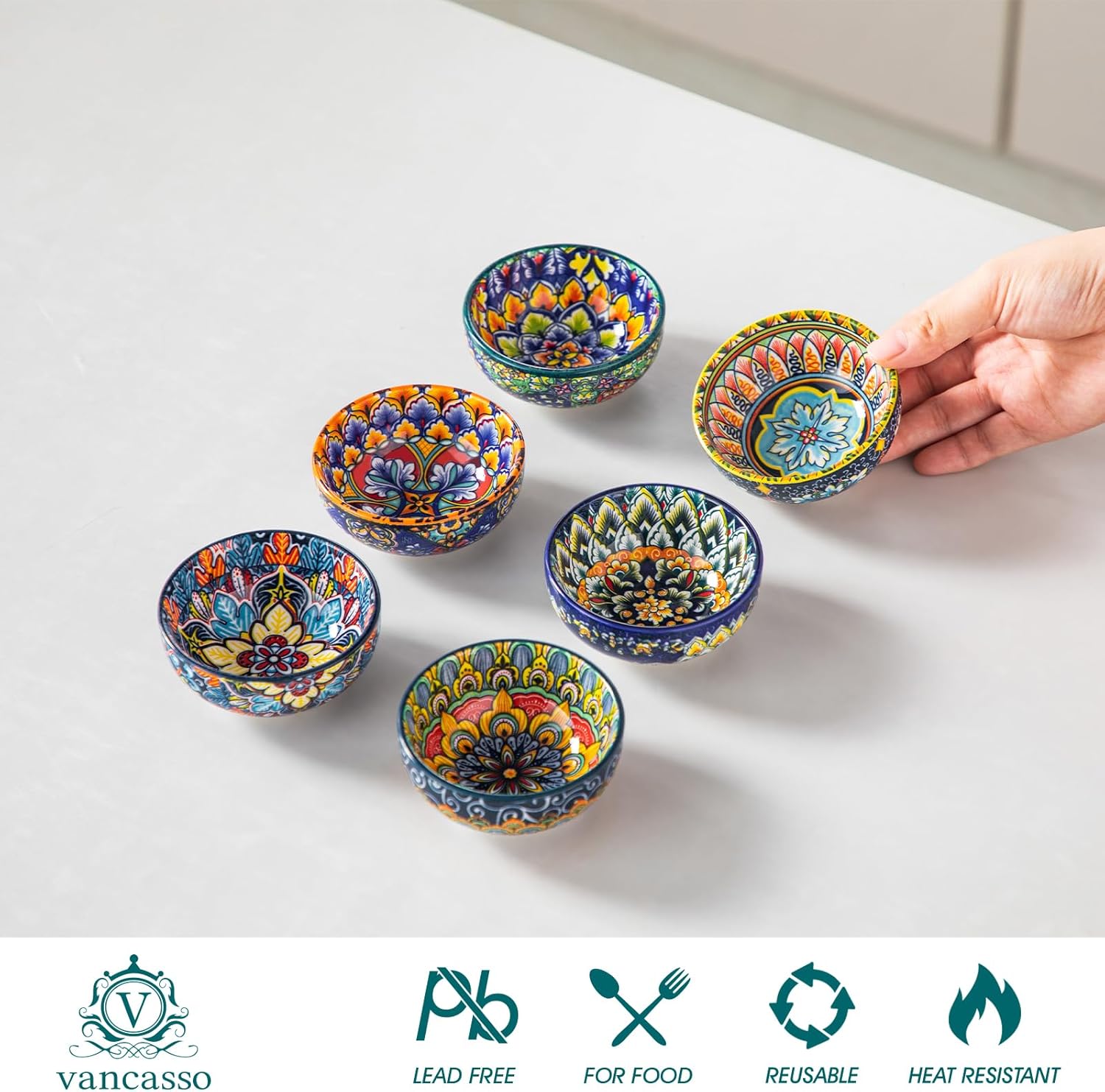 vancasso SIMI 2.7 Oz Ceramic Dipping Bowls Sets of 6, Bohemian Small Bowls for Sauce, 3 Inch Mini Appetizer Plates for Soy Sauce, Sushi, Condiments & Side Dishes, Microwave & Dishwasher Safe