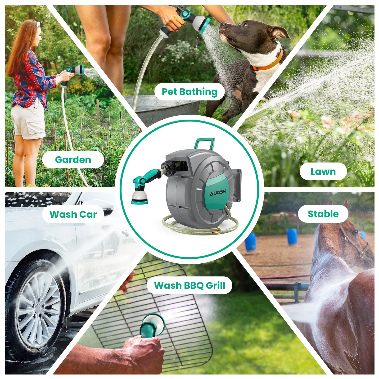 AUOSHI Retractable Garden Hose Reel 1/2" 100ft Automatic Hose Reel with 10 Function Sprayer Nozzle Wall Mount 180 Deg Swivel Bracket Hose Reel with Any Length Lock Slow Return System - Image 10