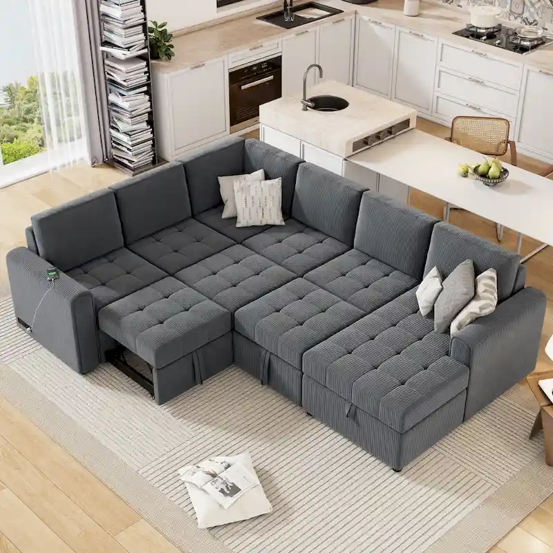Roomfitters U-Shaped Sectional Sofa with Pull-Out Bed, Storage Chaise Lounge, and Integrated Charging Ports for Living Room