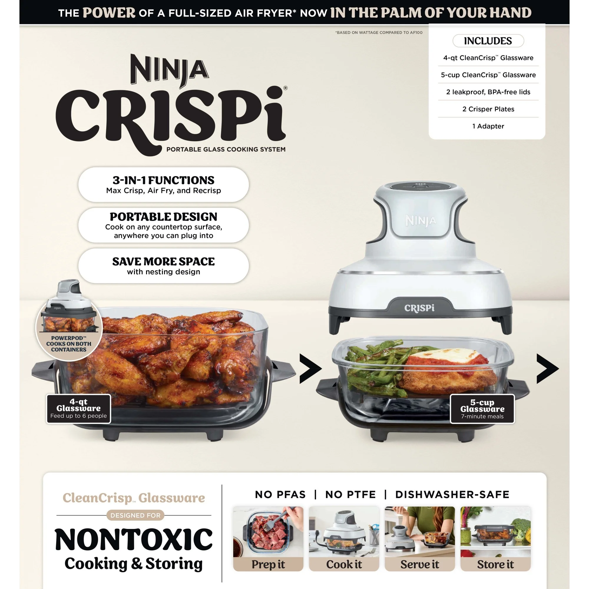 Ninja Crispi 3-in-1 Portable Glass Air Fryer Cooking System, 1500W, 4-Qt & 5-Cup TempWare Glass Containers with Storage Lids, Microwave, Freezer & Dishwasher Safe, White, FN100WH - Image 20