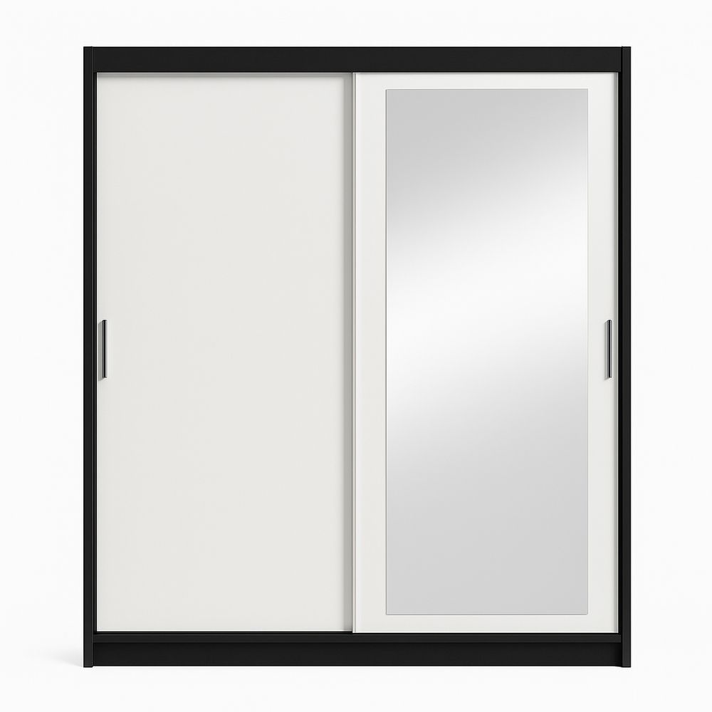 Armario Ropero Moderno con Espejo y Puertas Correderas,Estructura de Madera,Color Negro y Blanco,Ideal para Dormitorios,200x220 cm