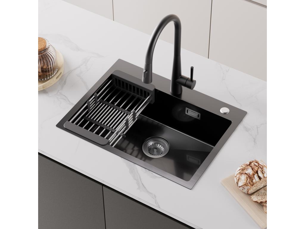Mubdelu Fregadero de Cocina 1 Seno 60×45×18CM Fregadero de Acero Inoxidable 201 Negro con Cesta de Drenaje + Dispensador de Jabón de Cocina Cromado 300ML