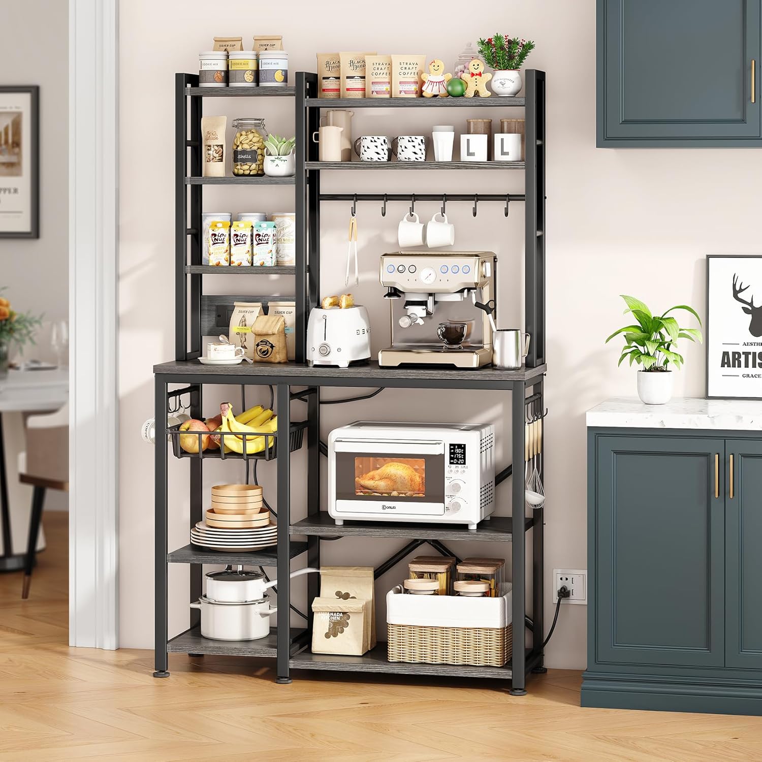 SNTD Baker Rack with Power Outlet - Microwave Stand with Storage, Large Coffee Bar Station with 14 Hooks, Metal Kitchen Shelf Rack for Spices, Pots (Rustic Grey)