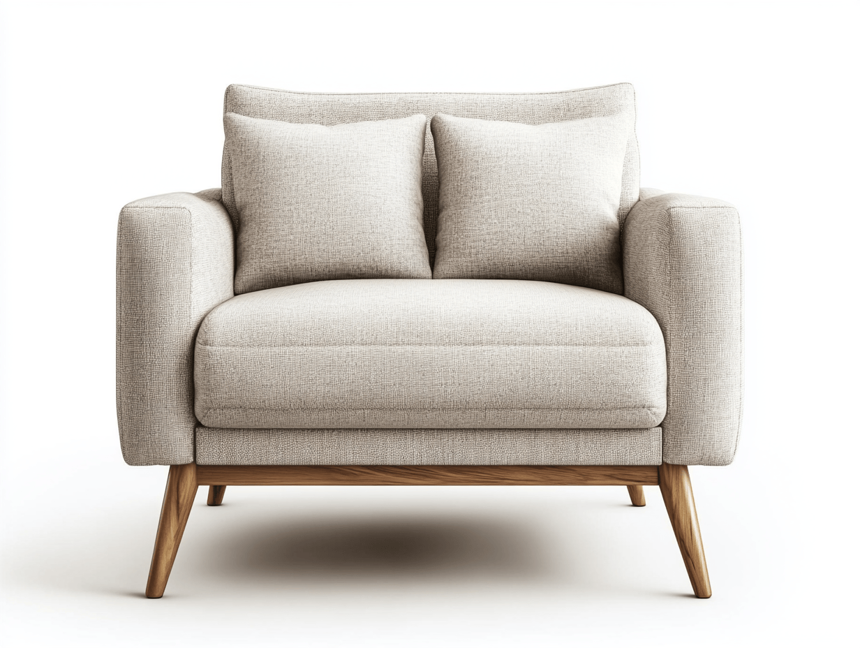 Sillón de tela gris claro con reposabrazos cuadrados y patas de madera