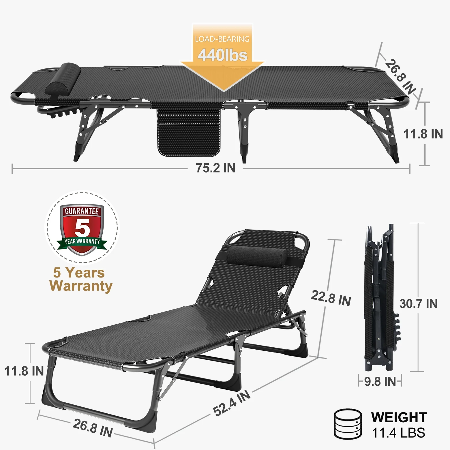 MOPHOTO Lounge Chair with Mattress, Outdoor Chaise Lounge Support 440 Lbs, Adjustable Portable Heavy Duty Sleeping Cots Bed for Camping, Pool, Beach, Patio - Image 33