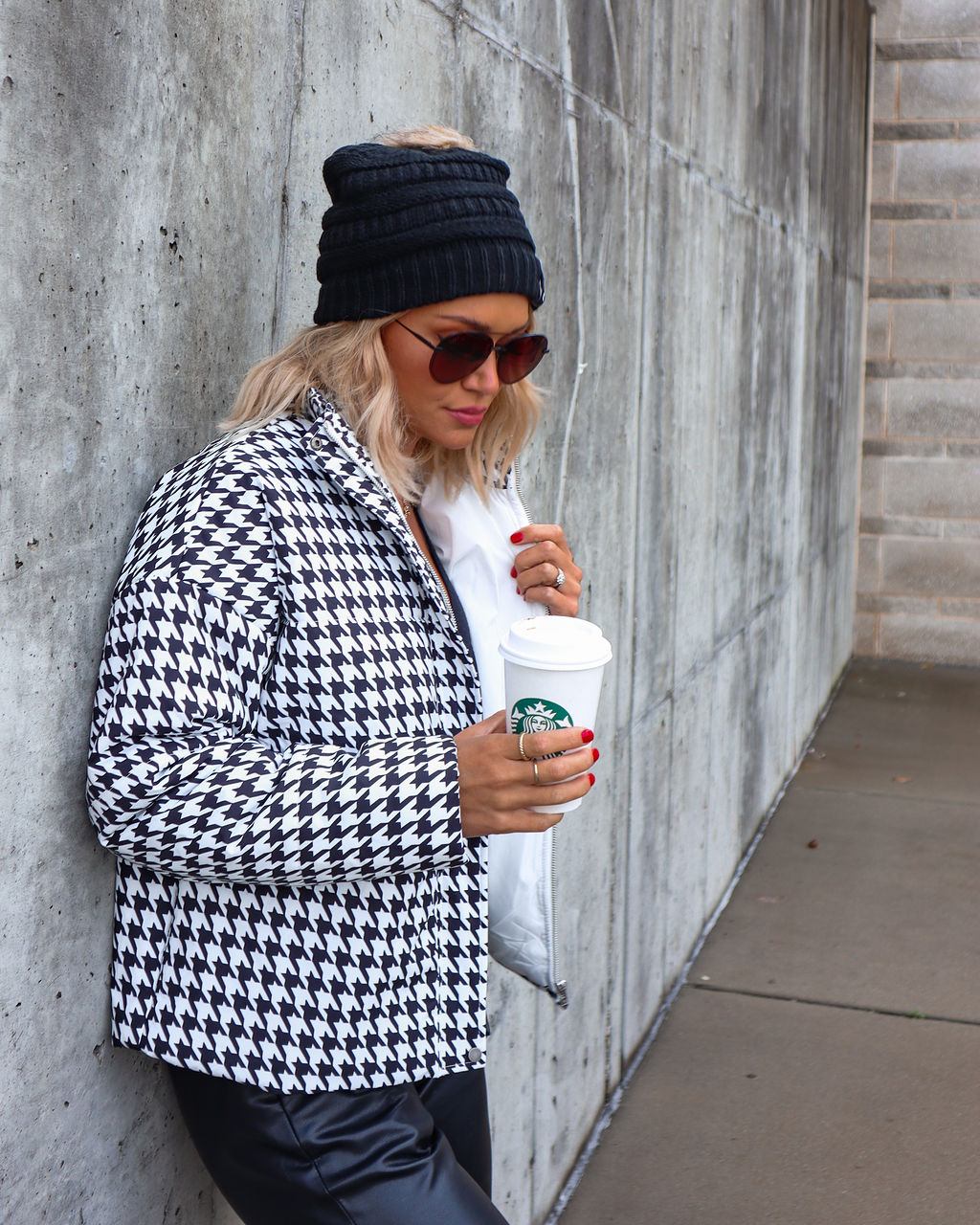 Meet Me At The Rink Houndstooth Pocketed Puff Jacket - Se7enfashion
