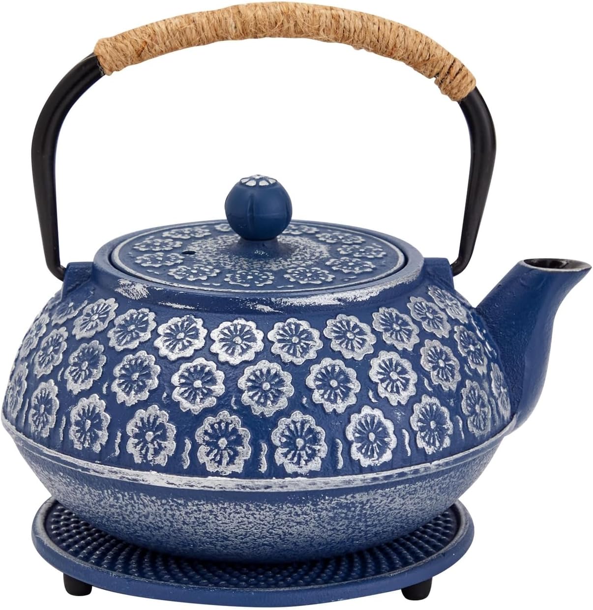 Juvale Japanese Cast Iron Teapot with Infuser - Enhanced Heat Retention in Cast Iron Kettle - Includes Stainless Infuser Basket & Trivet for Teapot Filter Set - 32 Oz, Blue
