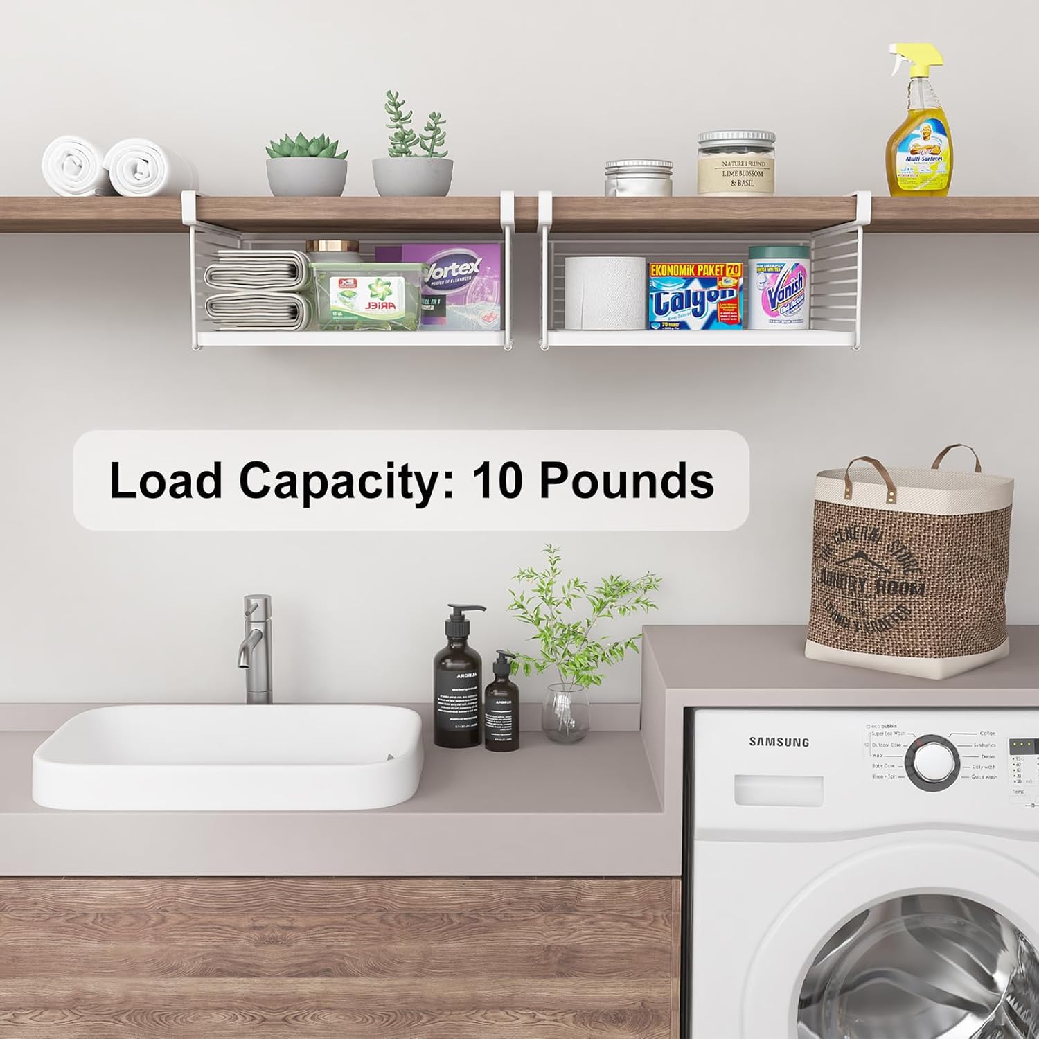 Under Shelf Storage Basket, Hanging Wire Basket with 1.13 Inches Thick Clips for Kitchen, Pantry or Laundry Room, Under Cabinet or Desk Storage Organizer, White, 2 Pack