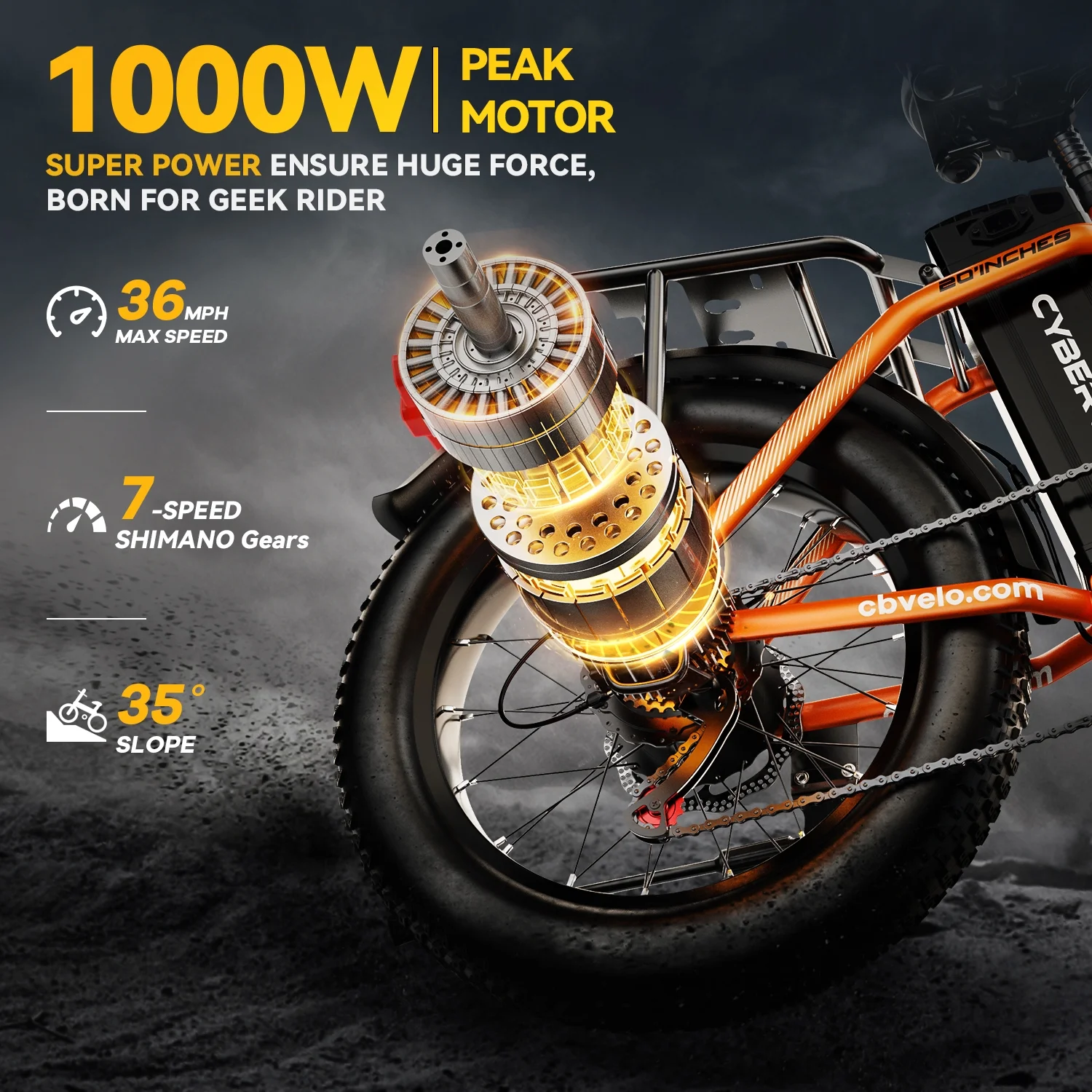 Cybervelo 1000W Folding Electric Bike, 48V 960WH Large Removable Battery E-Bike, 30+MPH, 80 Miles Max Range, 20" Fat Tire Electric Bike for Adults, Adult Electric Bicycles for Commute - Image 5