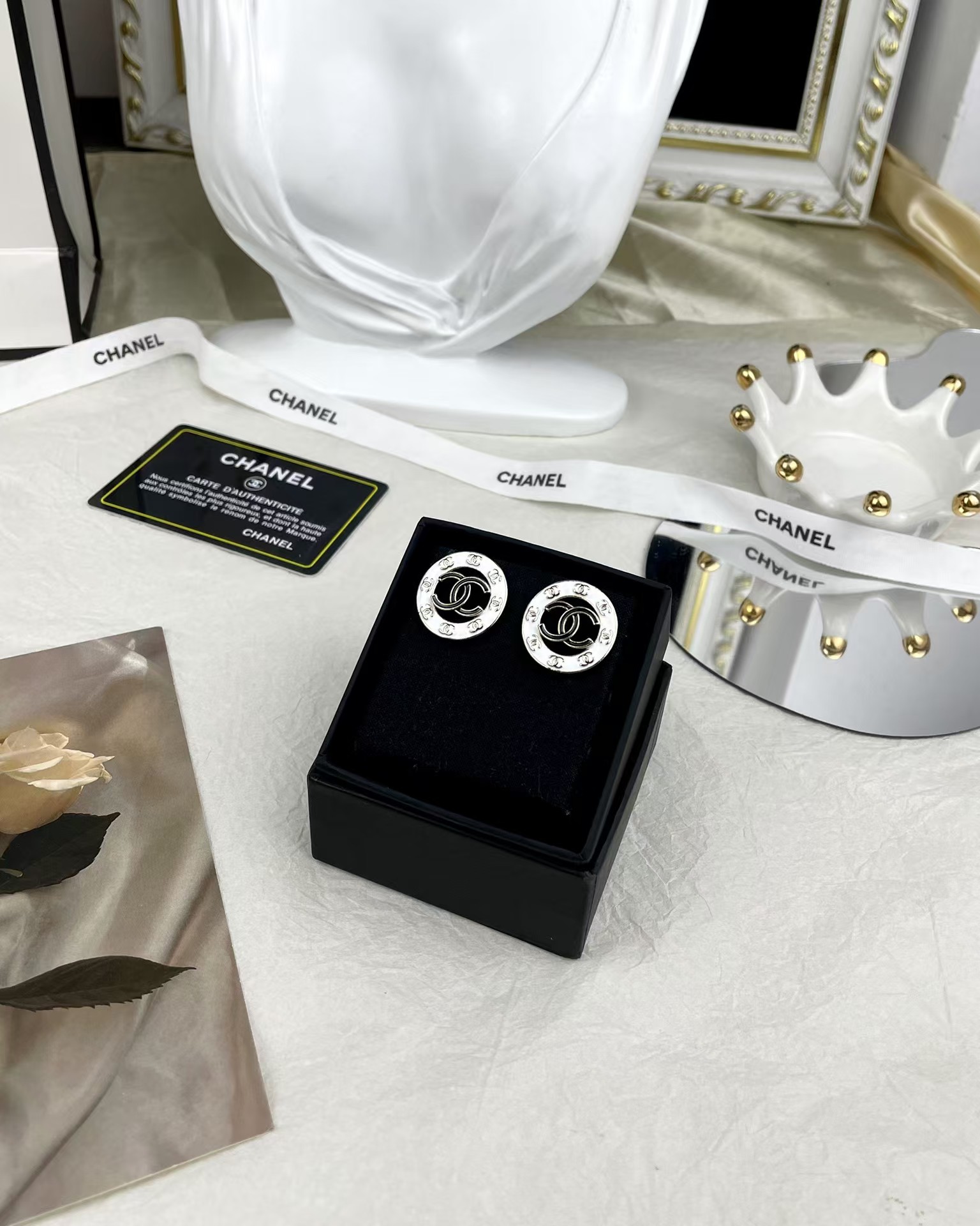 Chanel Round White and Black Enamel Stud Earrings - Original Replica Club