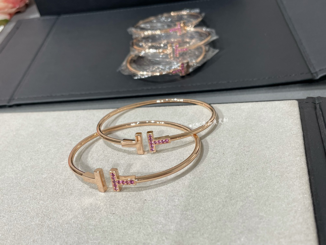 Tiffany Paved Pink Diamond Double T Bangle Bracelet - Original Replica Club
