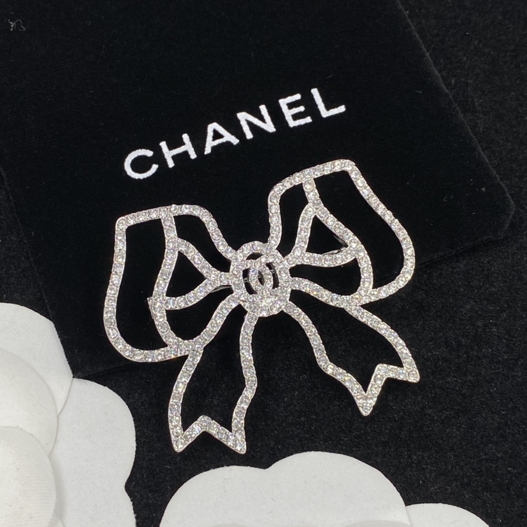 Chanel Full Diamond Paved Hollow Bow Silver Brooch - Original Replica Club
