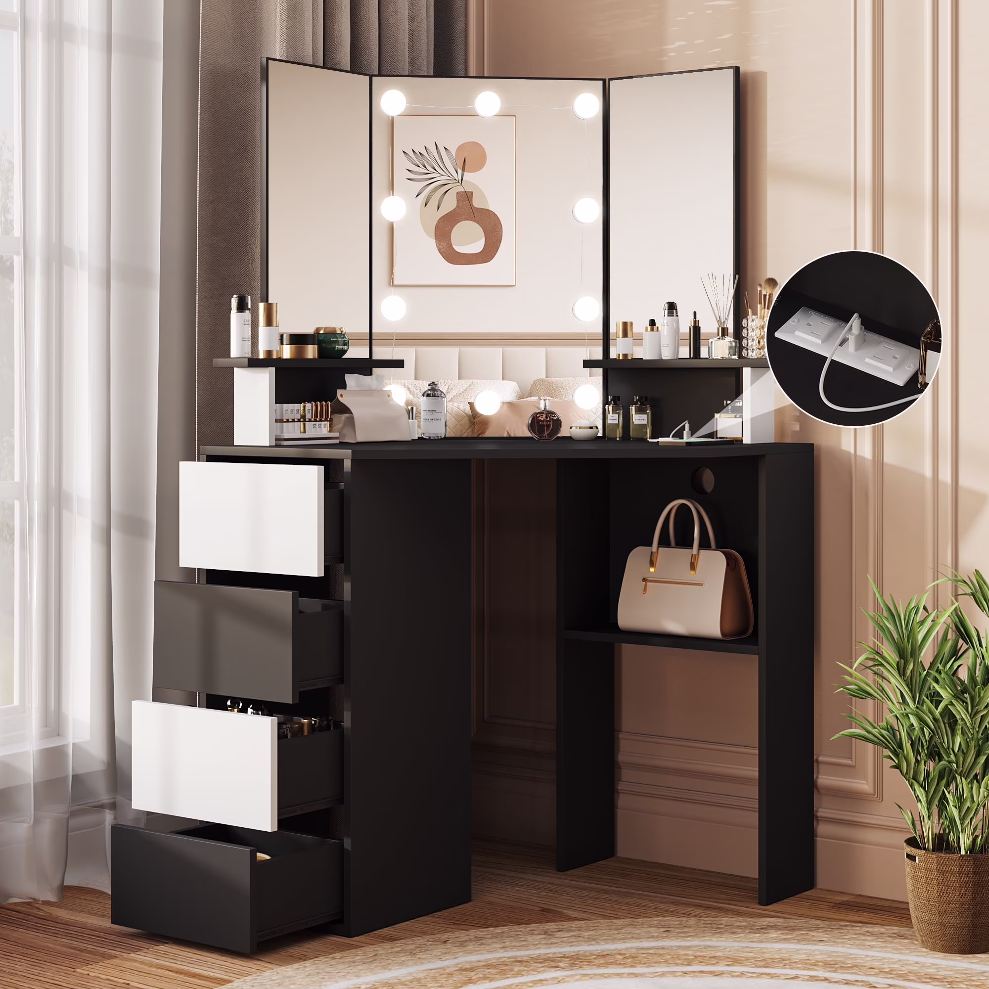 Veanerwood White Corner Vanity Desk with Mirror and Light,Makeup Table with 4 Drawers and Charging Station for Bedroom - Image 3