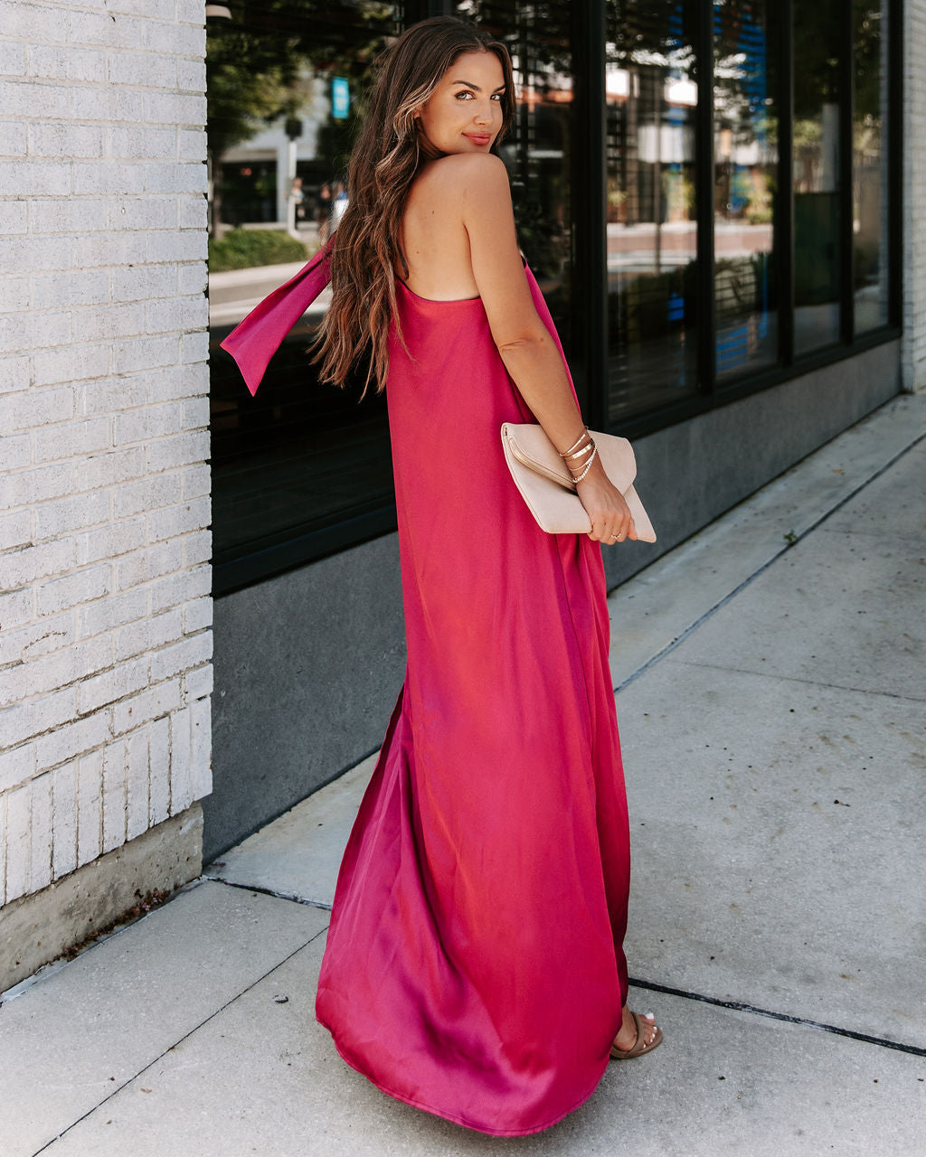 Invite Only Satin One Shoulder Maxi Dress - Burgundy - Se7enfashion