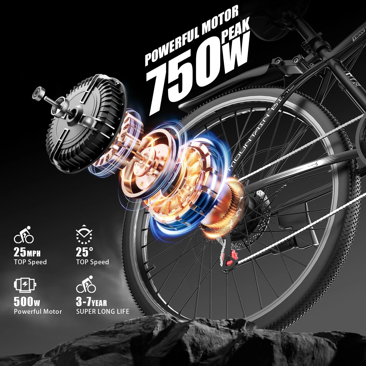 26" Electric Bike for Adults with Peak 750W Brushless Motor, 35Miles 22MPH Commuting Electric Mountain Bike with 36V 10AH Removable Battery, 7-Speed, Front Fork Suspension - Image 2
