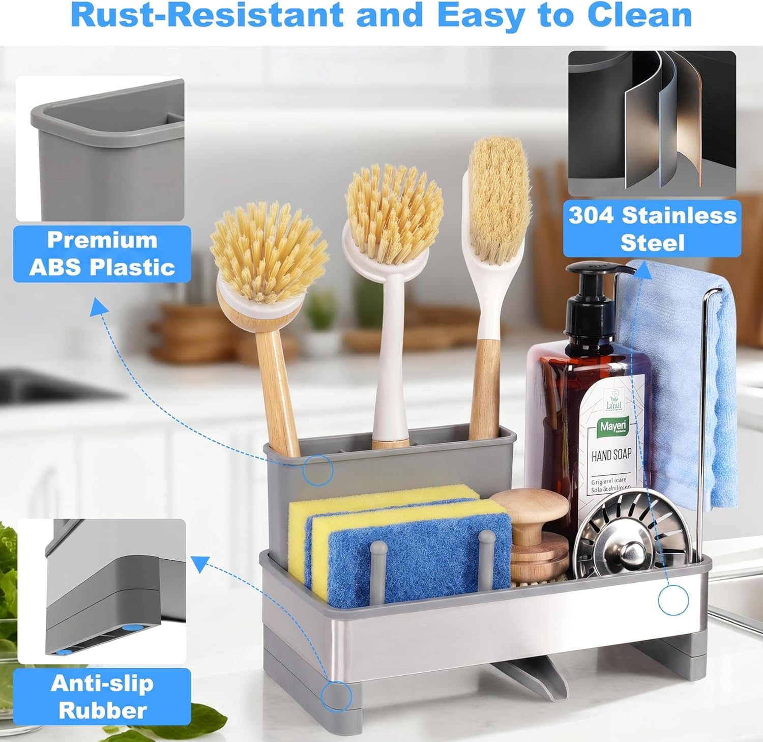 Kitchen Sink Caddy Organizer, Stainless Steel Sponge Holder, Kitchen Caddy Sink Organizer with Dish Brush Holder and Dishcloth Rack, Rustproof Dish Sponge Drying Rack for Countertop Storage