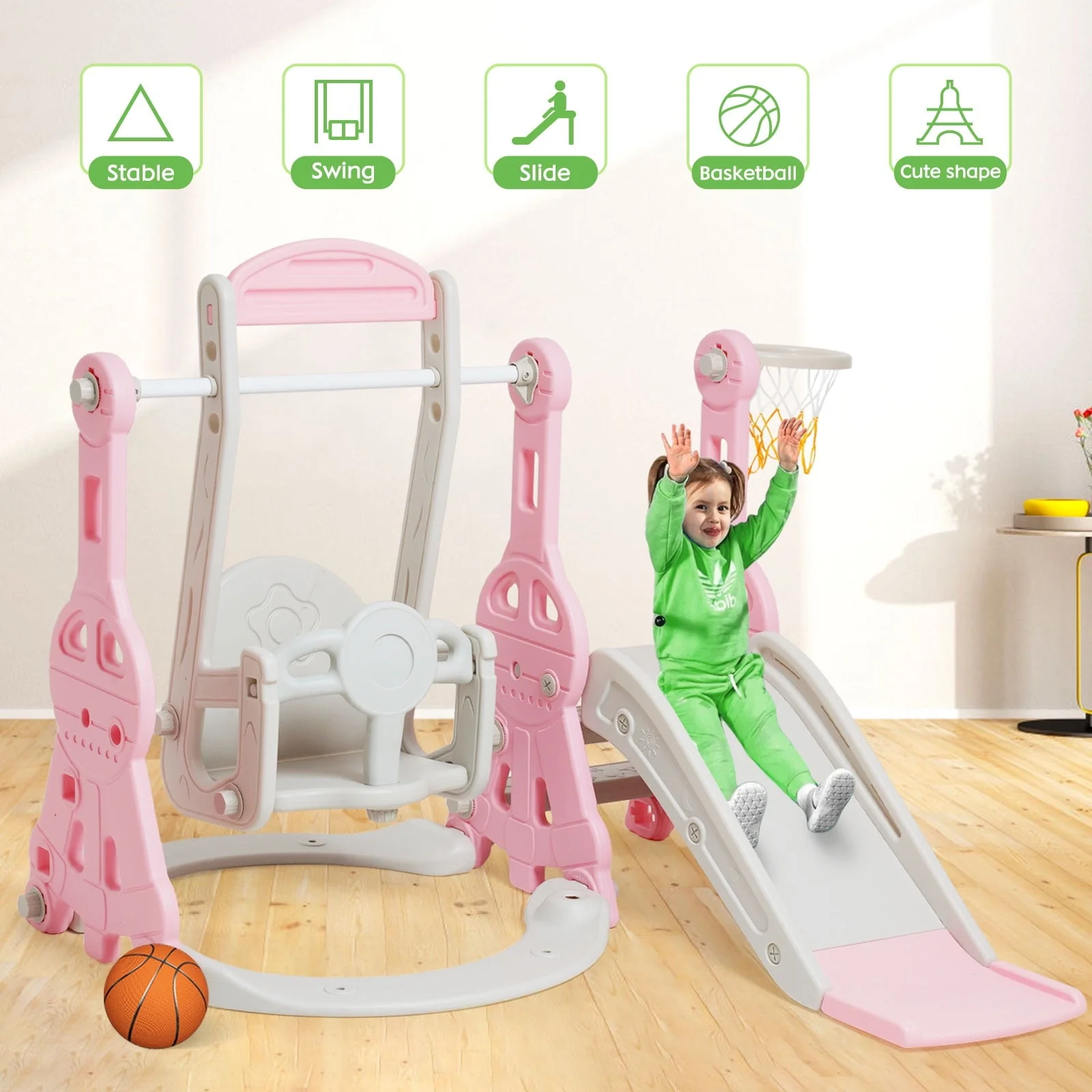 Ealing 4 in 1 Slide and Swing Set for Toddler Indoor and Outdoor Baby Slide Climber Playset with Basketball Hoop & Backyard Playground Swing Slide for Boys and Girl Slide length: 11.02' L Pink - Image 5