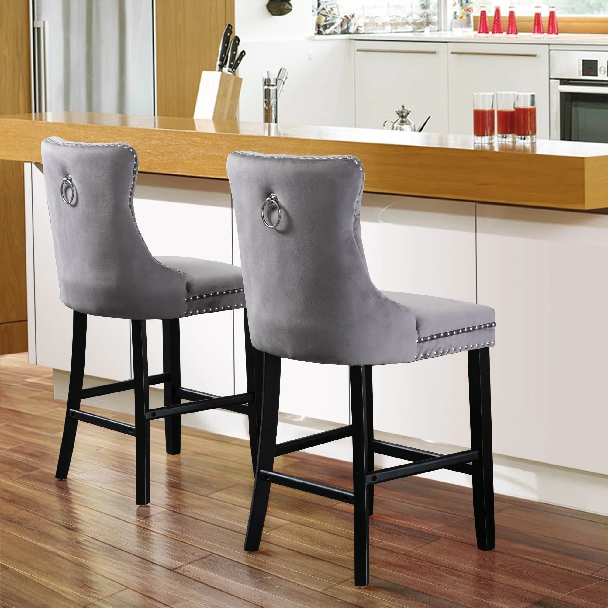 Velvet Bar Stools Set of 2, Upholstered Counter Height Bar Chair with Rivet and Button Trim, Bar Stool with Back and Footrest, for Dining Room, Kitchen, Pub, Gray - Image 3