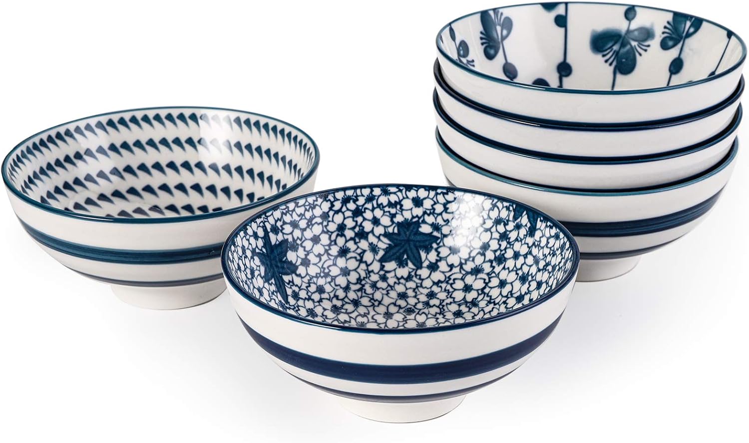 Foraineam 6 Pieces Blue and White Floral Rice Bowl Set 8 oz Japanese Style Cereal Bowls, Assorted Designs