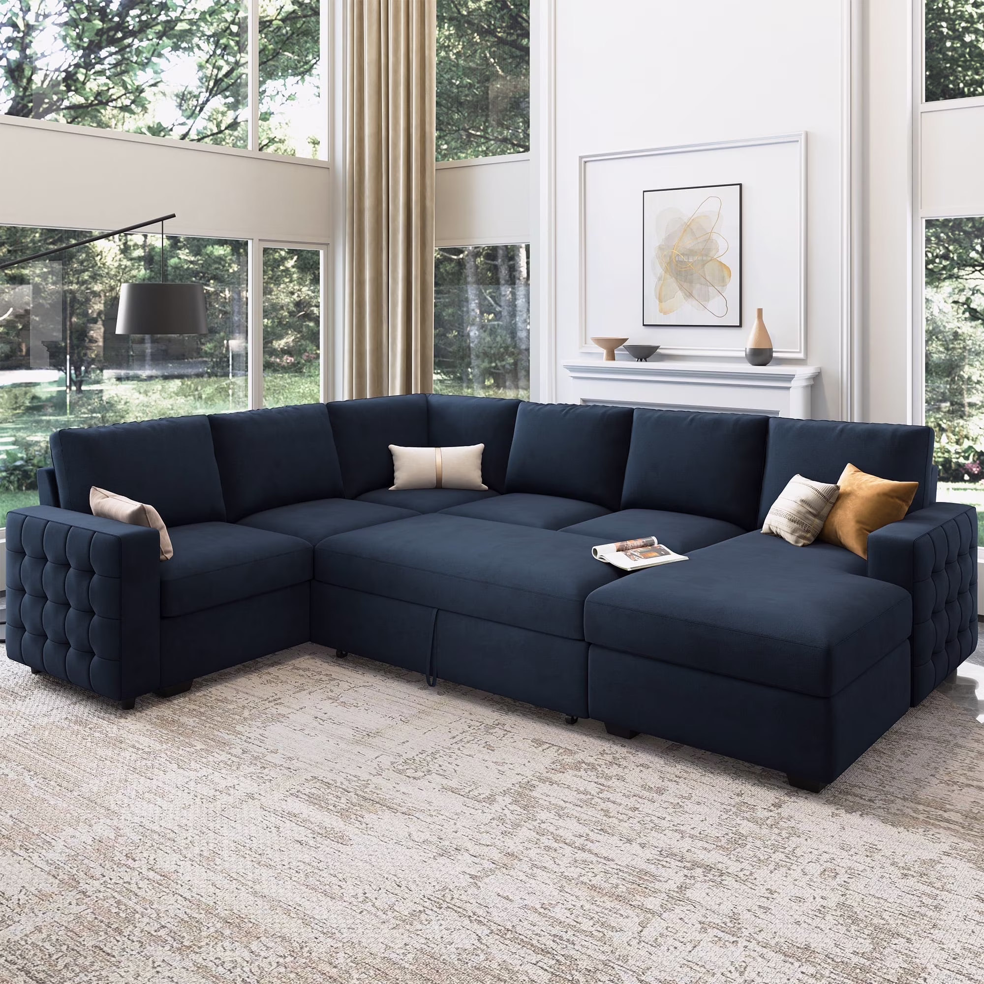 HONBAY Modular Sectional Pull-Out Sofa Bed with Storage Velvet U-Shaped Convertible Sleeper Sofa for Living Room, Blue - Image 13