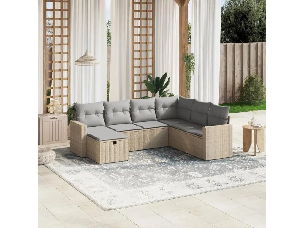 Juego de sofás jardín con cojines beige mezcla 7 piezas ratán PE