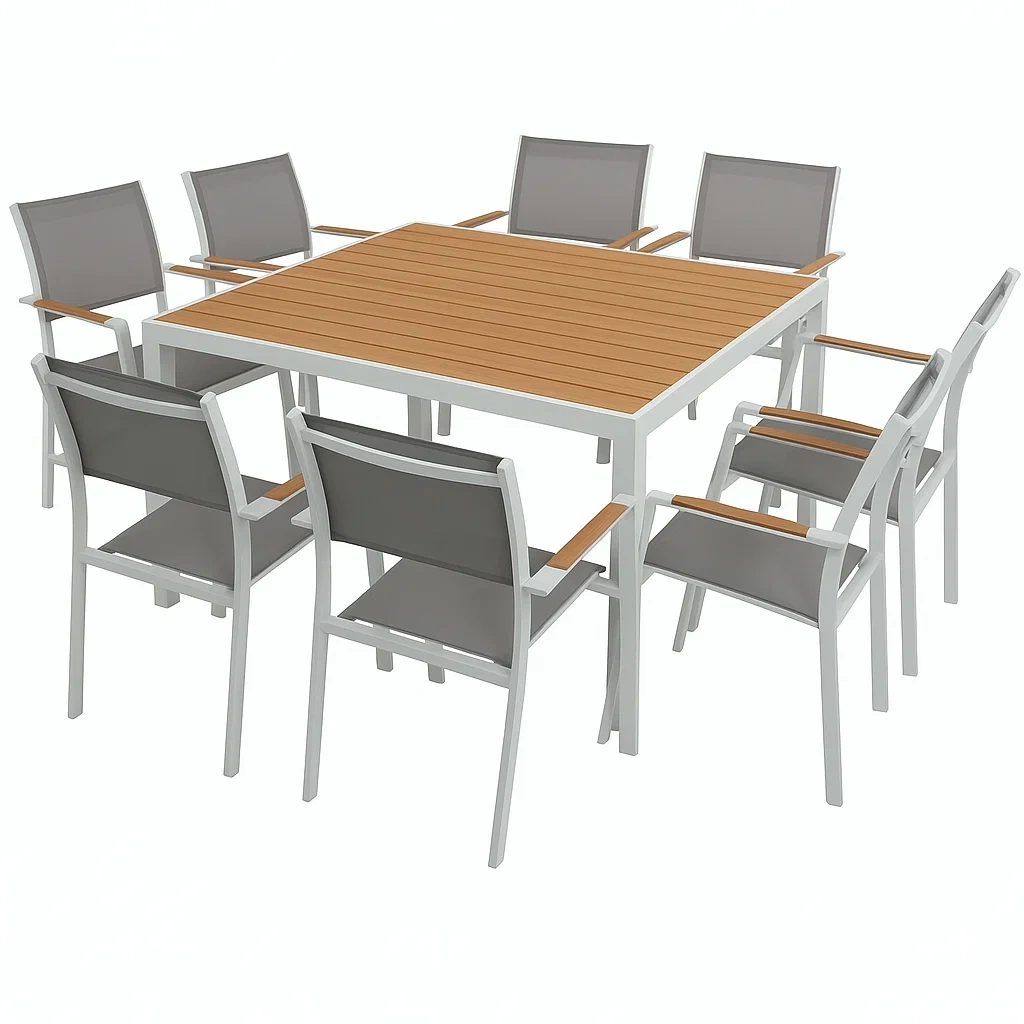 Conjunto de comedor de jardín para 8 personas,Mesa cuadrada efecto madera con estructura blanca de aluminio,8 sillas con respaldo textilene - HeAnrOr182Ta