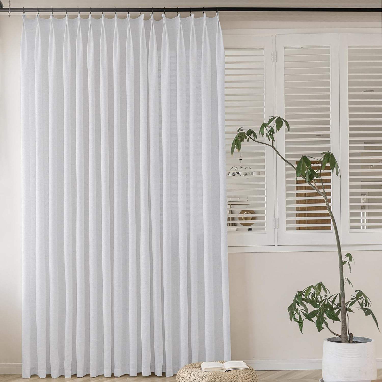 Lightweight White Linen Look Curtains Breathable Flax Fabric Polyester for Home and Hotel Use