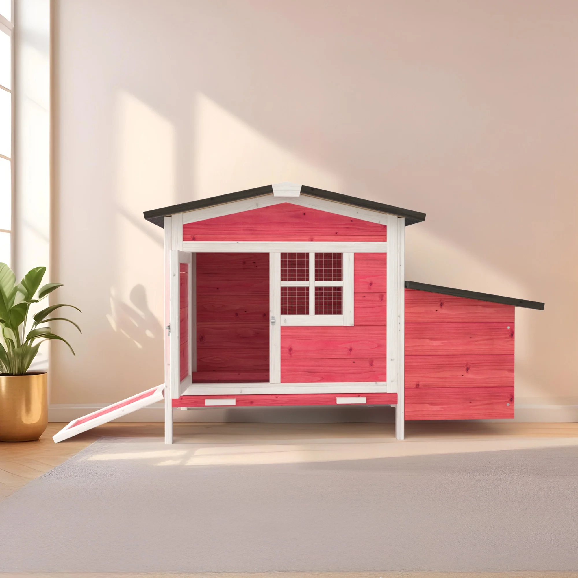 Outdoor Chicken Coop Rabbit Hutch Wooden Hen House w/ Nesting Box & Tray Poultry Cage for Outdoor Indoor - Image 21