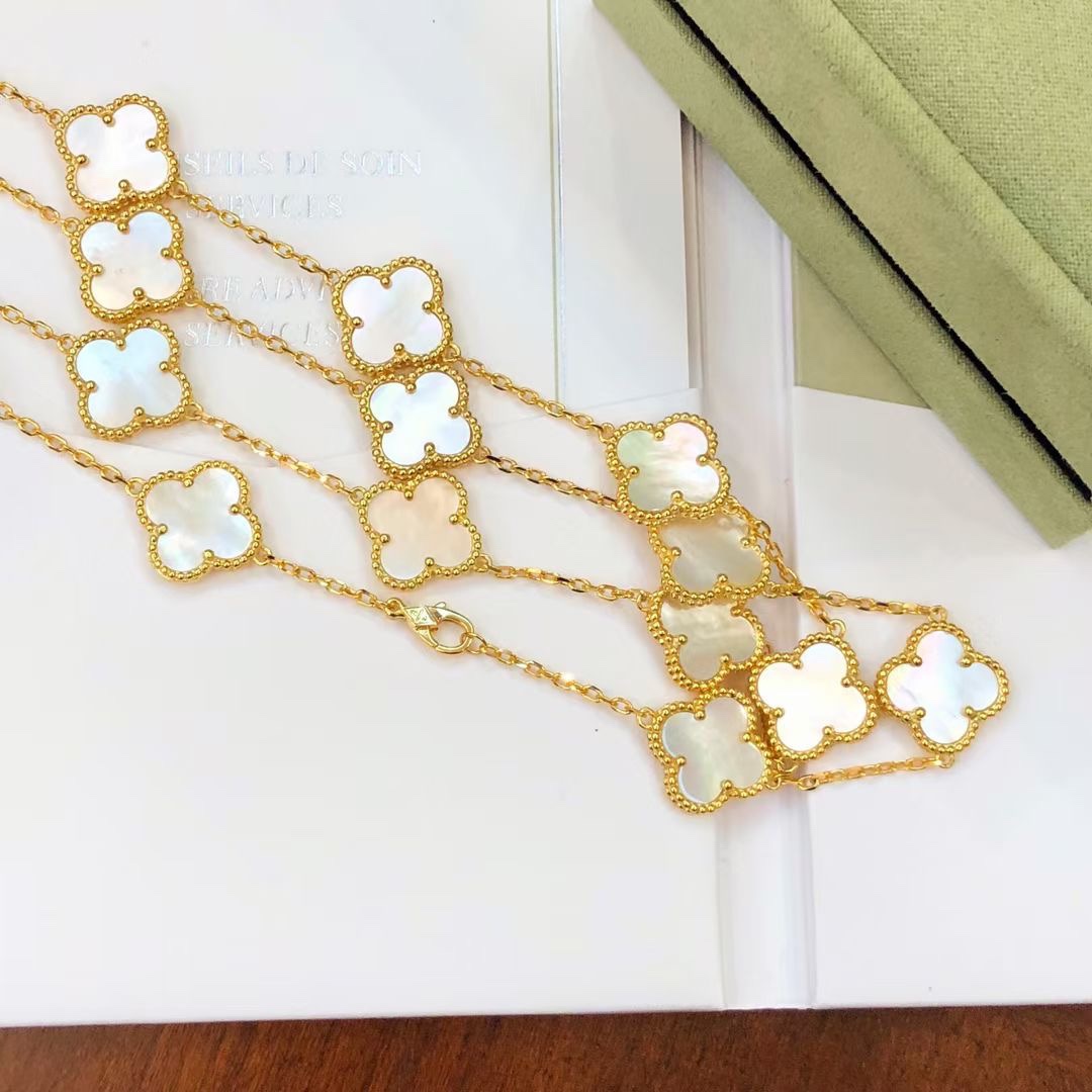 VCA Yellow Gold White Clover Vintage Alhambra Long Necklace, 20 Motifs - Original Replica Club