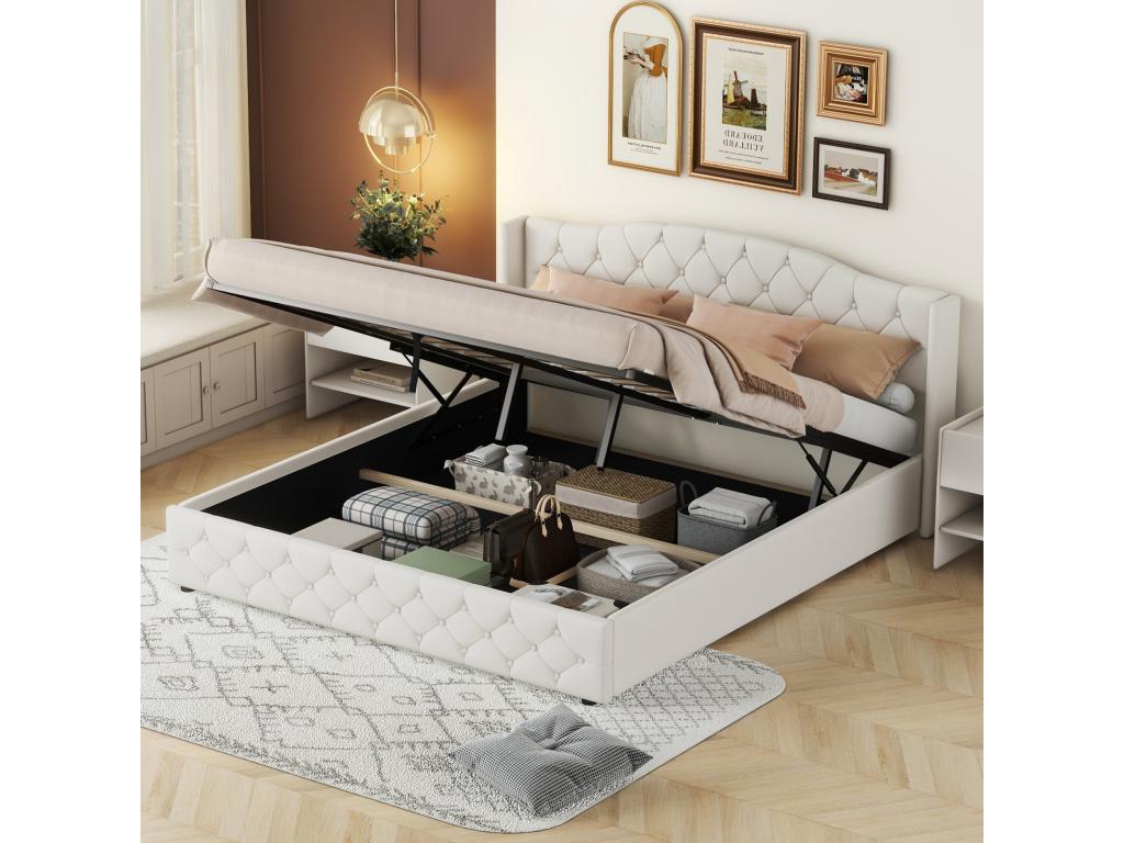 Cama contenedor tapizada 180 x 200 cm - plataforma de lino Sistema de elevación hidráulica debajo del áHogvipsde almacenamiento, soporte de listones de madera con cabecera - Gris