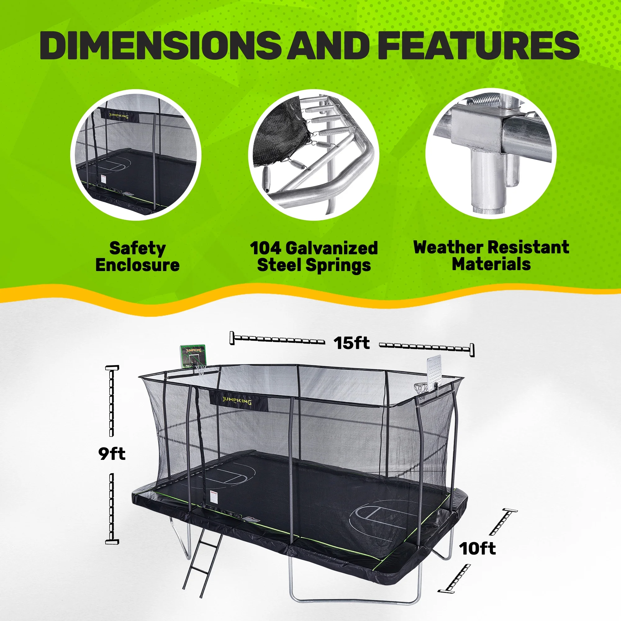 JumpKing 10'x15' Rectangle Trampoline with 2 Powder Coated Basketball Hoops & Breakaway Rim and Ladder- Large Recreational Trampoline for Kids and Adults with Enclosure Net - Image 7