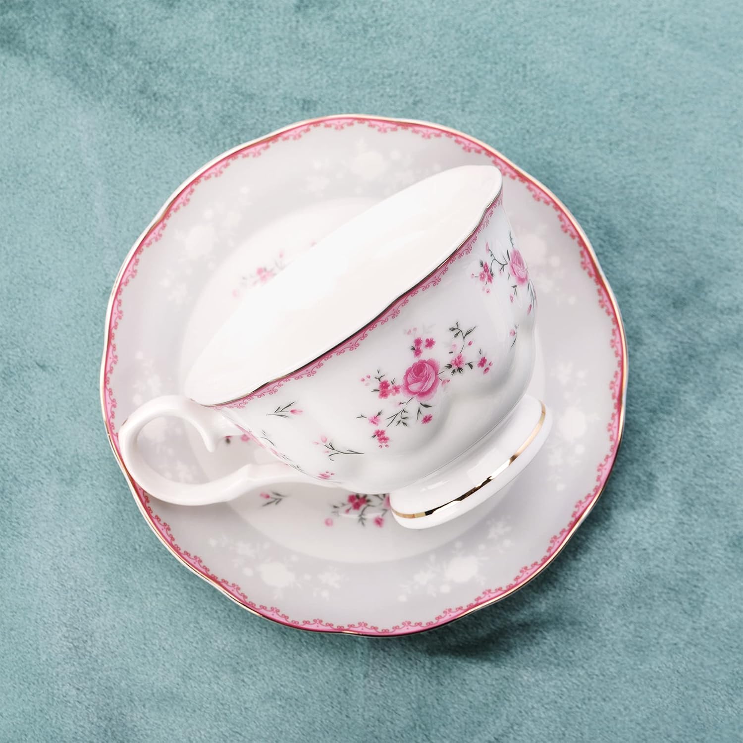 fanquare Vintage Porcelain Tea Set for Women Tea Party, Cup and Saucer Set for 6, Wedding Floral Teapot Set for Adults, Pink Rose
