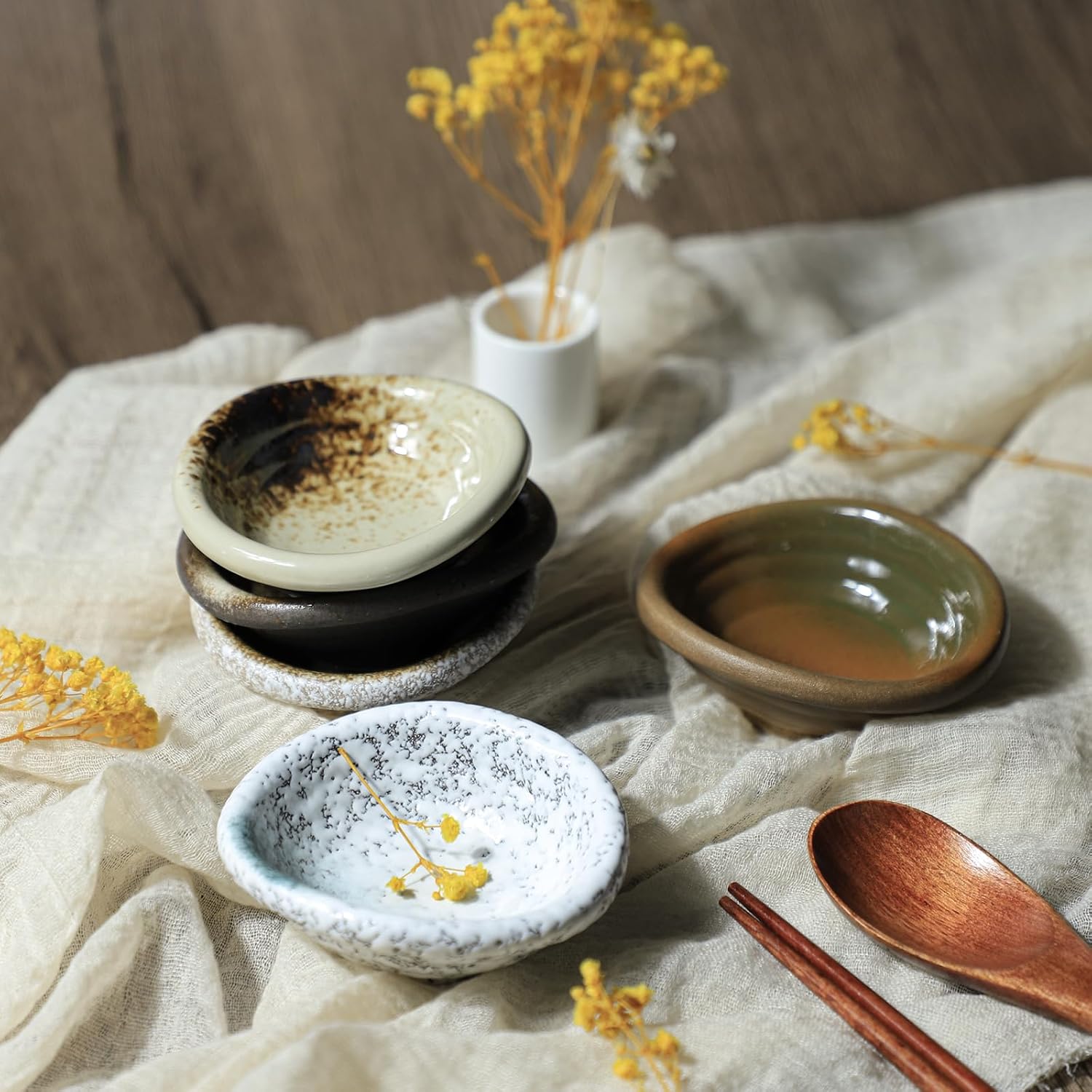 Set of 5 Japanese Vintage Style Ceramic Side Bowls Retro Seasoning Dishes Soy Dipping Dishes - 3.5 Inch