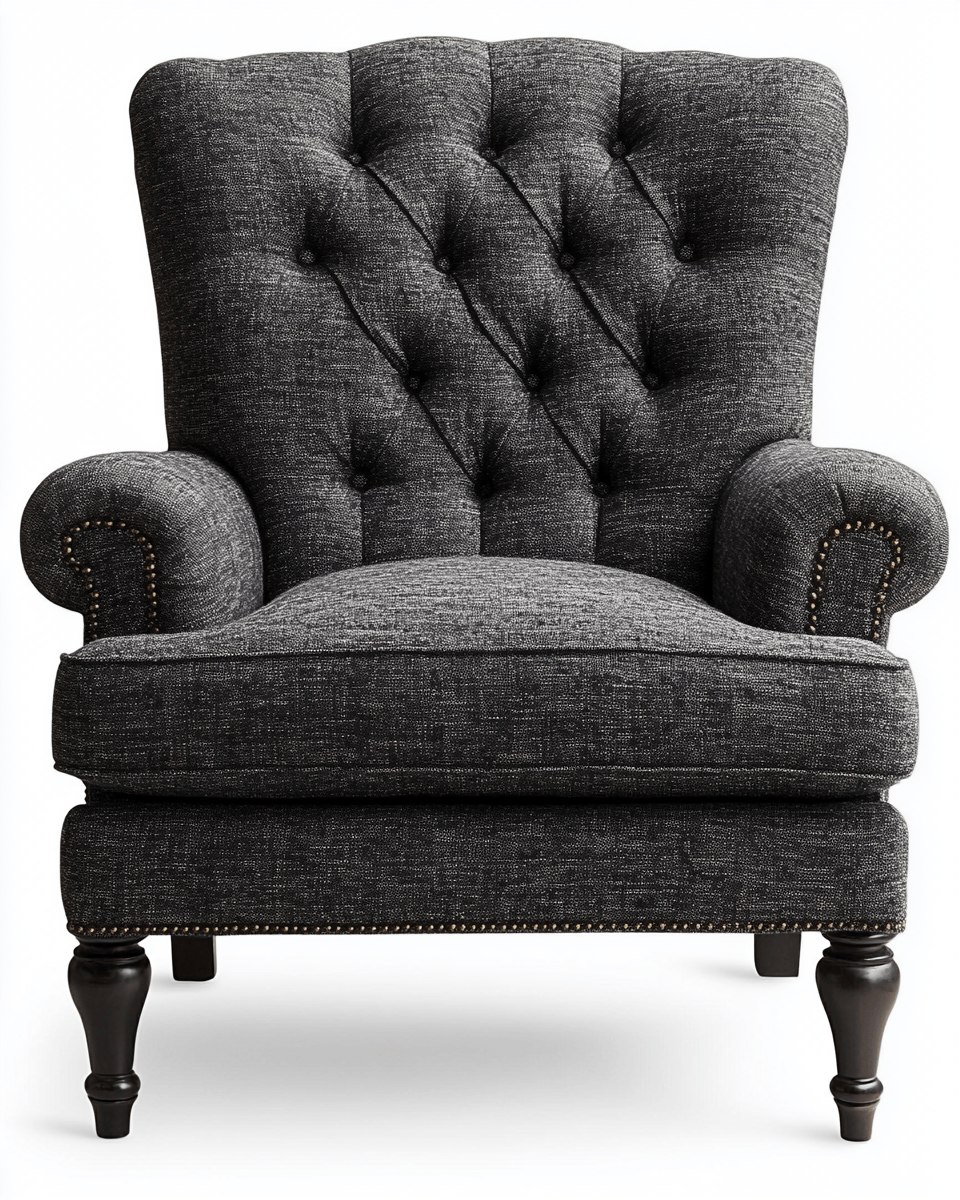 Sillón tapizado en tela gris oscuro – brazos enrollados – patas torneadas de madera – estilo clásico