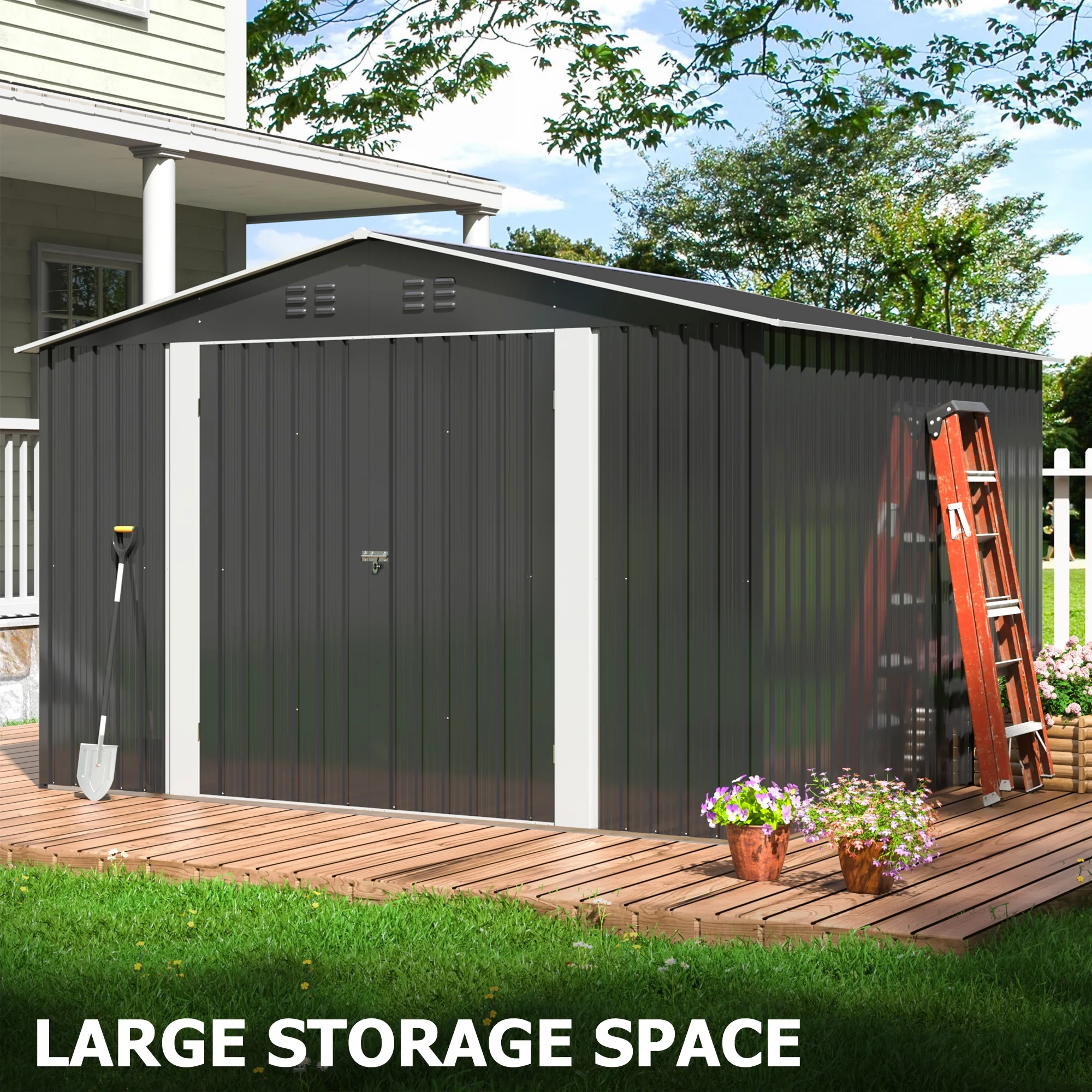 NETAJE 8x12 FT Outdoor Metal Shed with Updated Aluminum Frame, Storage Shed with Lockable Doors & Sliding Roof for Backyard, Garden, Gray - Image 10