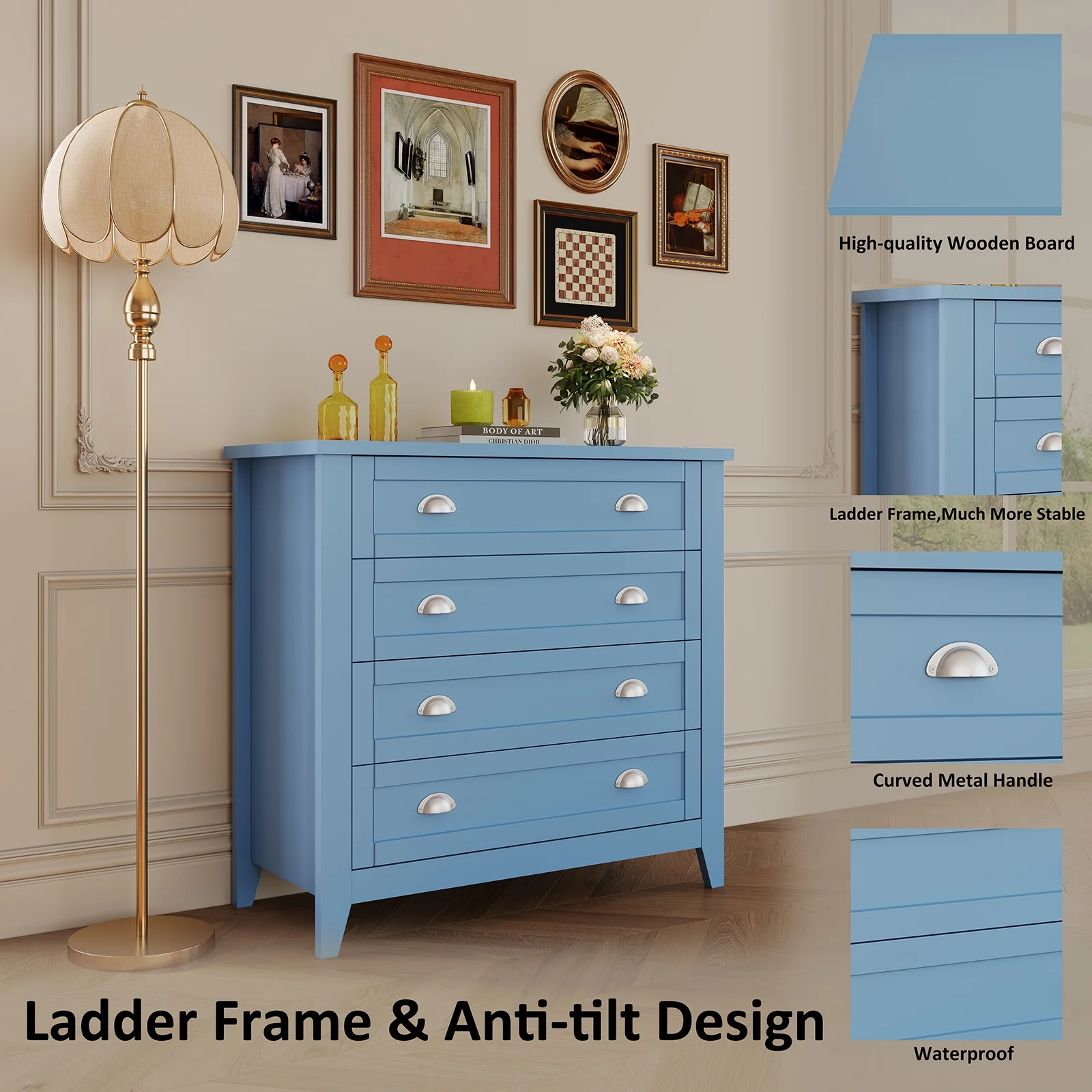 6 Drawer Dresser, Light Blue Elegant Chest of Drawers, Large Cabinet with Storage, Rustic Wood Chest of Drawers for Bedroom, Living Room, Hallway - Image 19