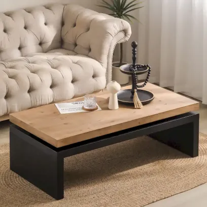Versatile 2-Tier Coffee Table in Black and Natural Wood for Living Room
