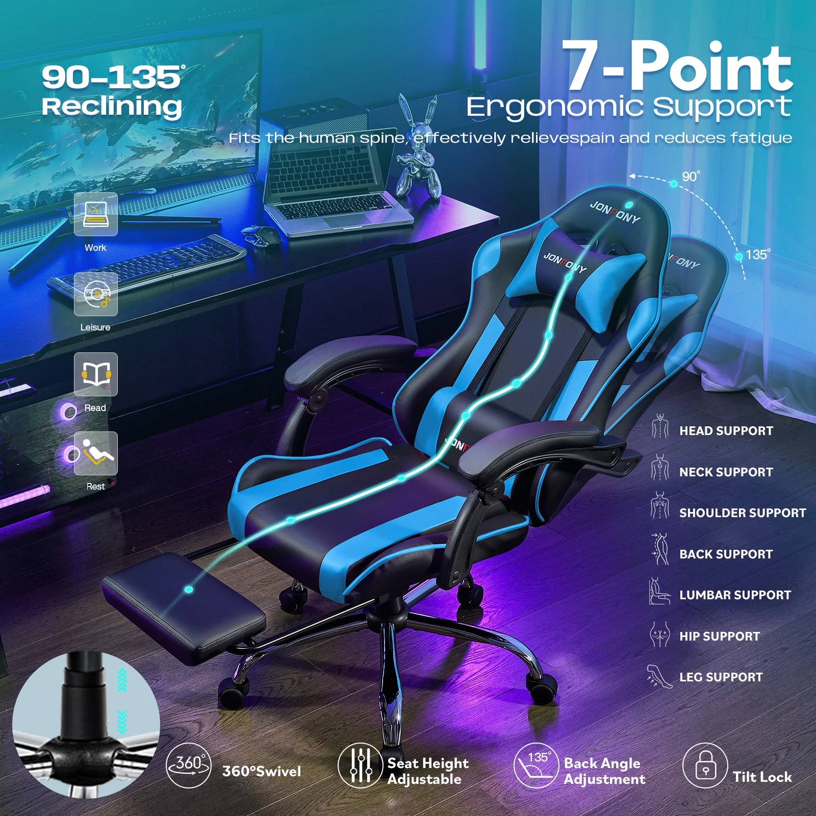 JONPONY Big and Tall 500LBS Gaming Chair, Ergonomic Design, Gamer Chair PU Leather with Footrest and Lumbar Support, High Back Office Chair Support 8 Hours Long Sitting,Red Computer Chair,Red - Image 24