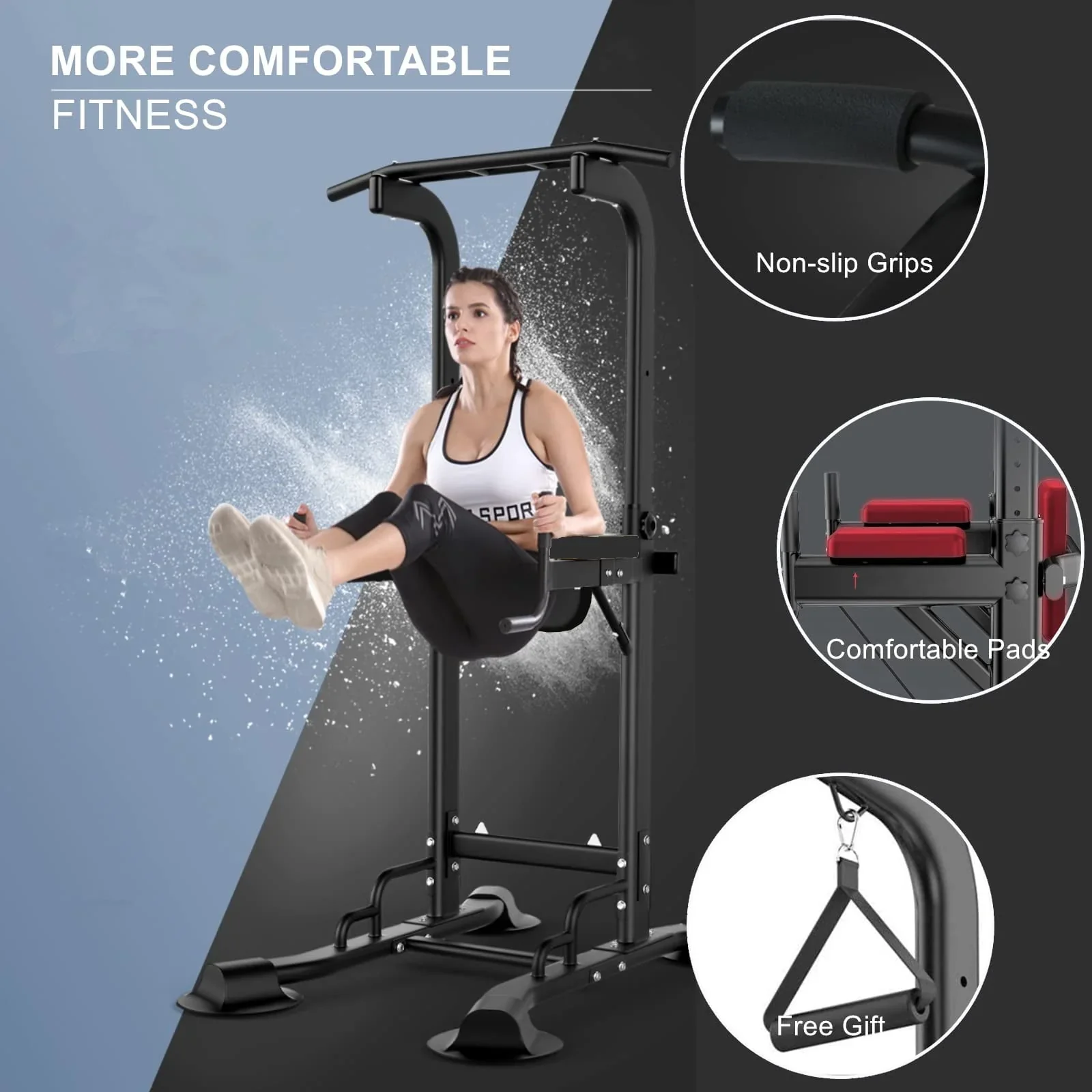 PROHIKER Power Tower Dip Station With Backrest And Resistance Band, Black - Image 3 PROHIKER Power Tower Dip Station With Backrest And Resistance Band, Black - Image 3