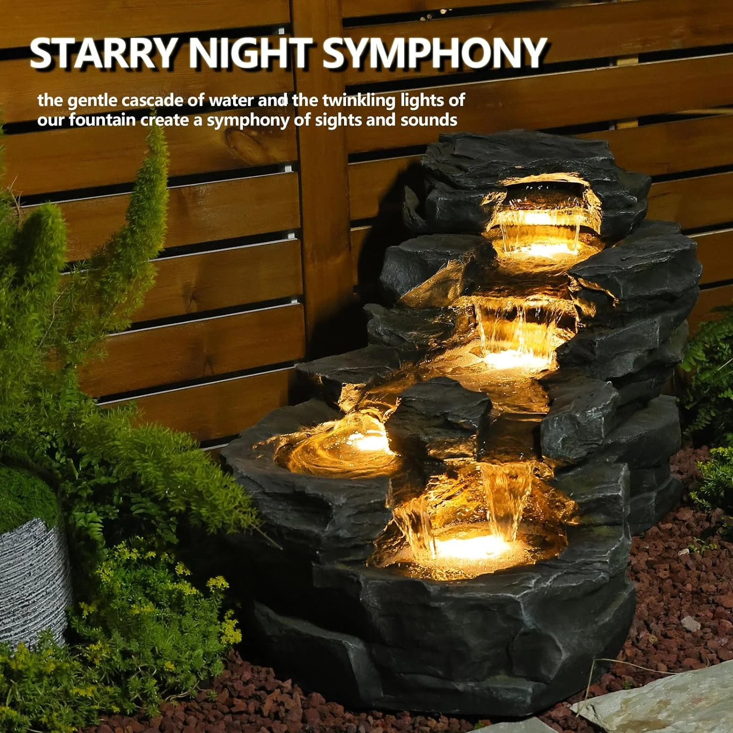 Outdoor Water Fountain Floor Standing Tiers Rock Natural Waterfall Outdoor Fountains with LED Lights for Garden, Patio, Porch - Image 4