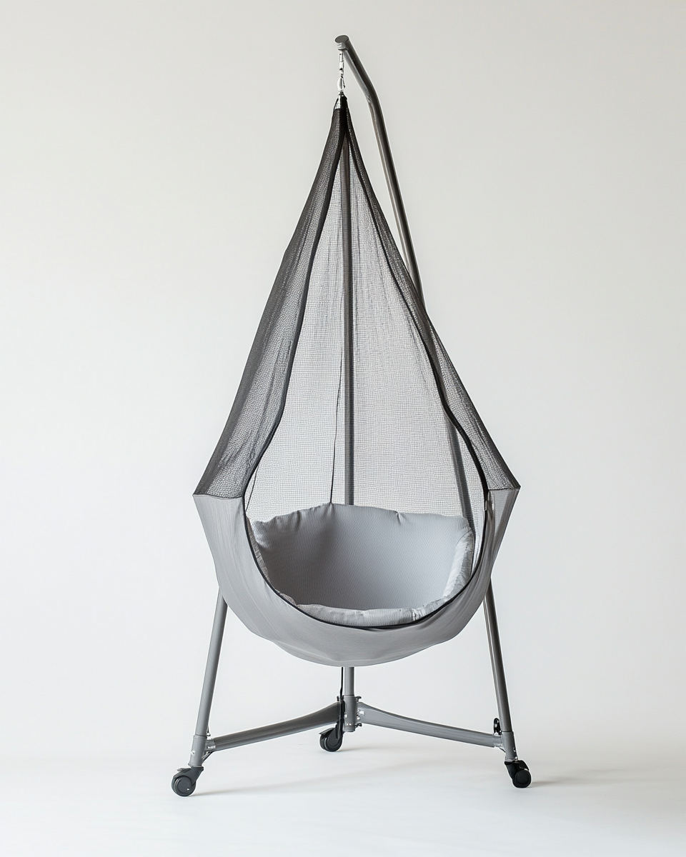 Silla colgante gris con cojín y estructura con ruedas