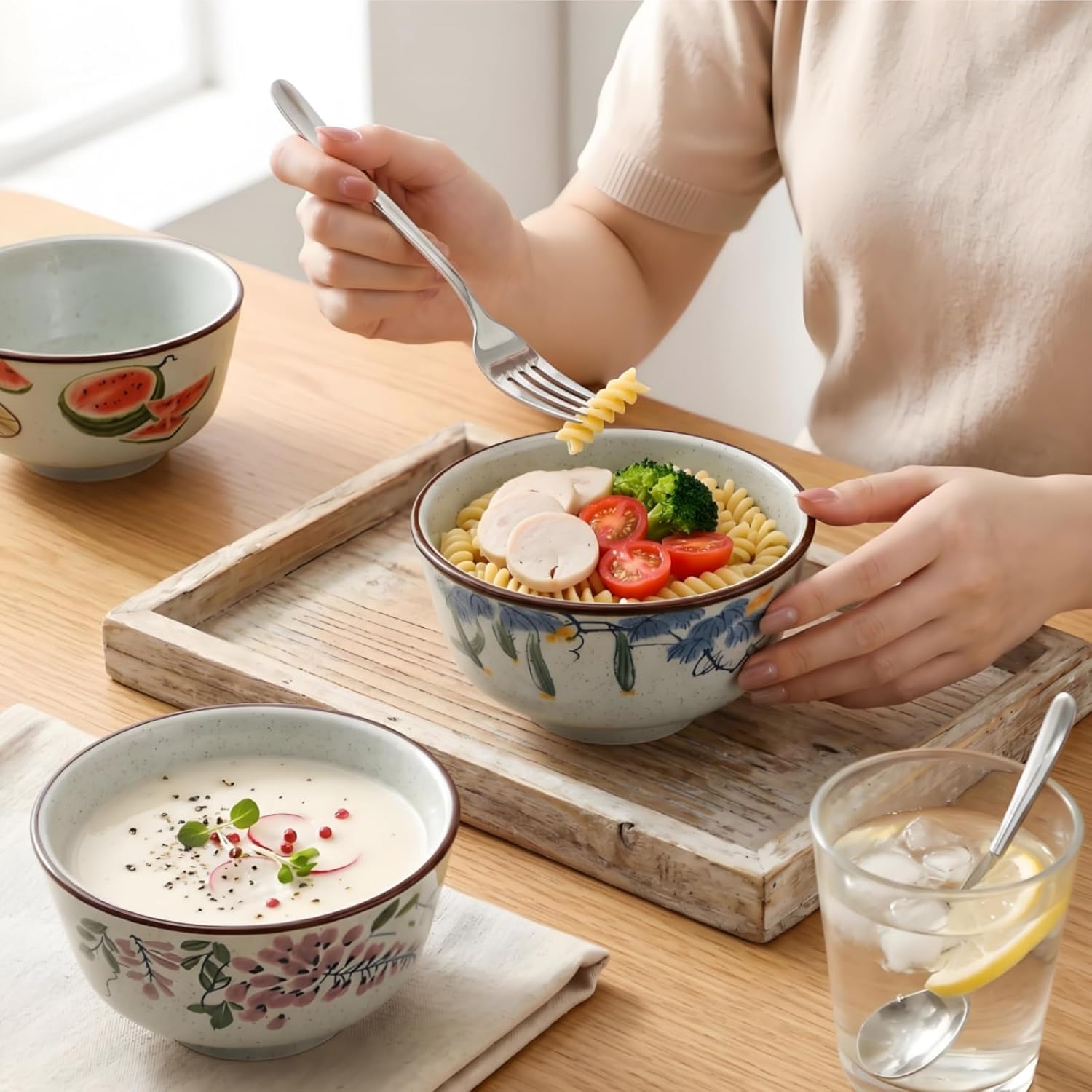 ZAVOOS 6 Pack Retro Ceramic Bowl, 15 Oz Japanese Style Soup Bowls for Kitchen, Hand-Painted Asian Cereal Bowl Dinnerware Set for Serving Rice, Ramen, Pasta, Oatmeal, Dishwasher Microwave Safe
