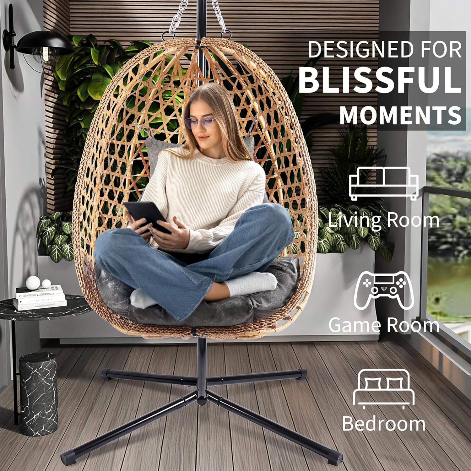 Egg Chair with Stand Patio Wicker Hanging Chair Hammock Swing Chair 350LBS Capacity