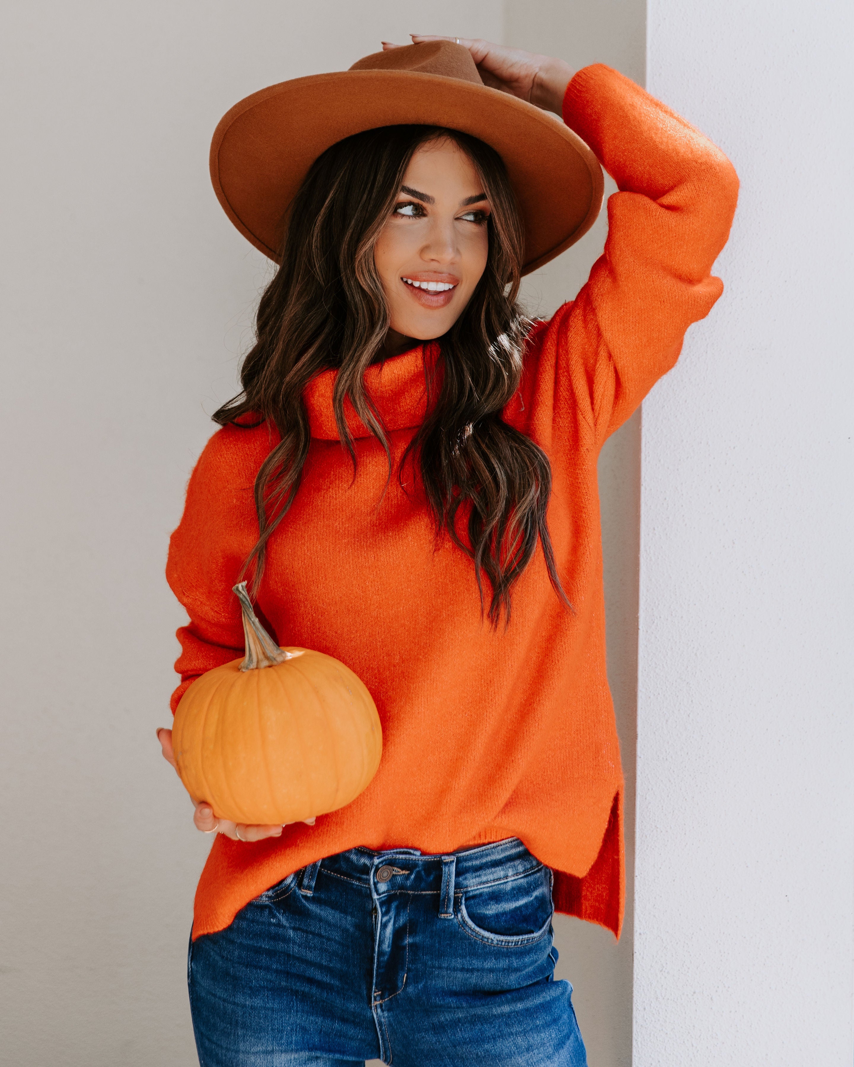 Betsy Cowl Neck Knit Pullover Sweater - Orange - Se7enfashion