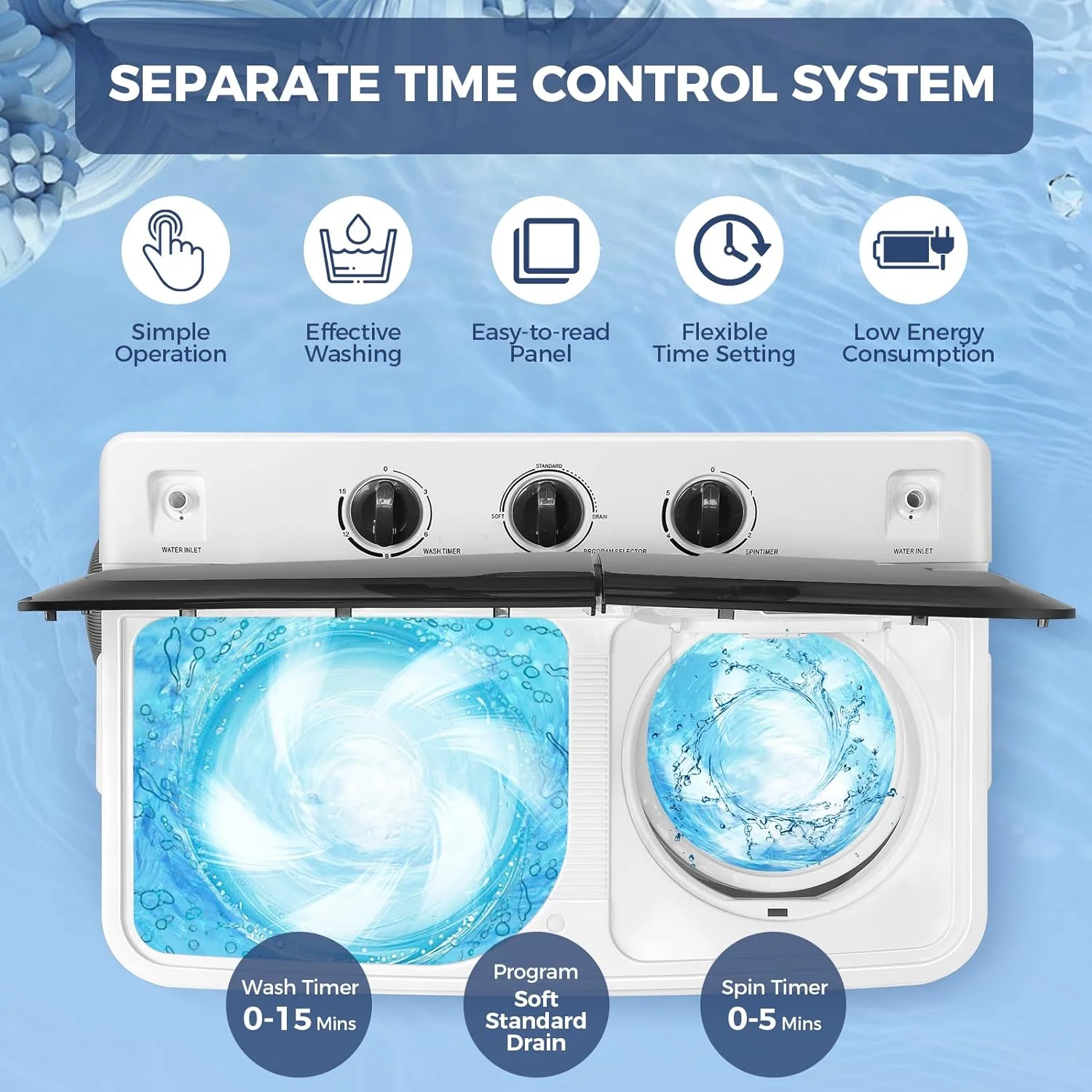 Qhomic Portable Washer 30lbs, 2-in-1 Twin Tub Washer & Dryer Combo Compact Semi-Automatic Washing Machine with Drain Pump, Black - Image 4