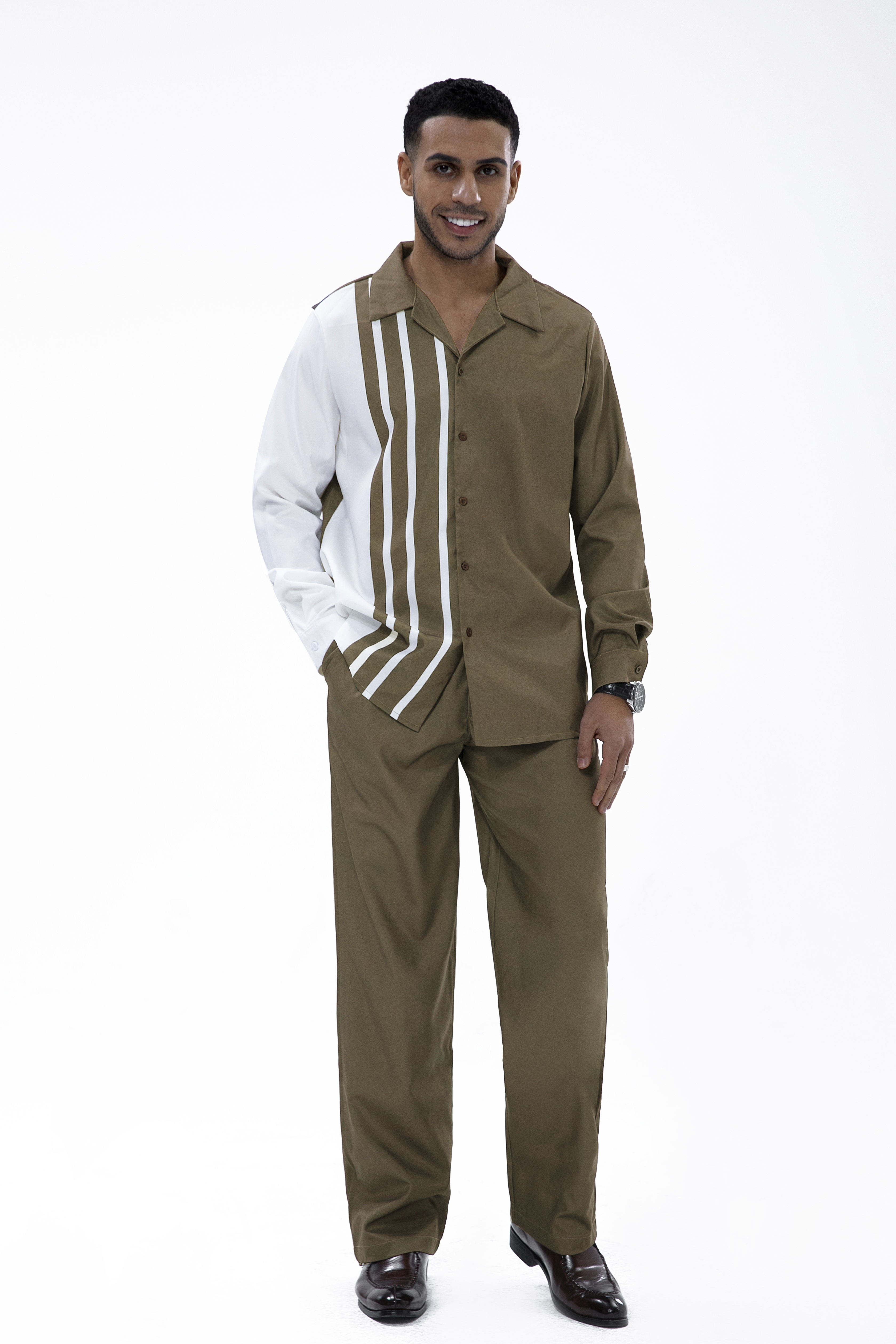 Suitmens Olive Stripe Colorblock Walking Set 2-Piece Long Sleeve Set