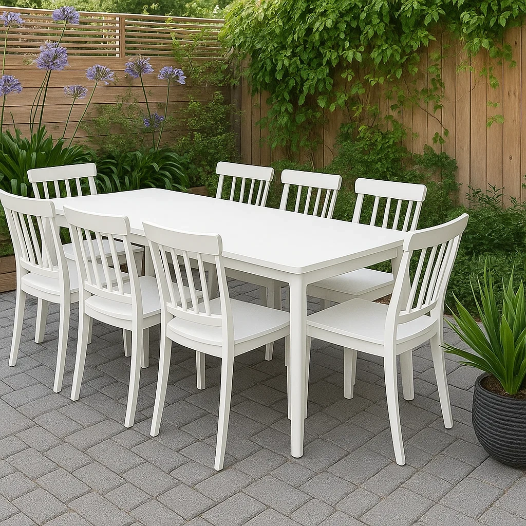 Conjunto de comedor de jardín para 8 personas, mesa rectangular y 8 sillas, resina imitación madera,blanco - kuzupRR193nN