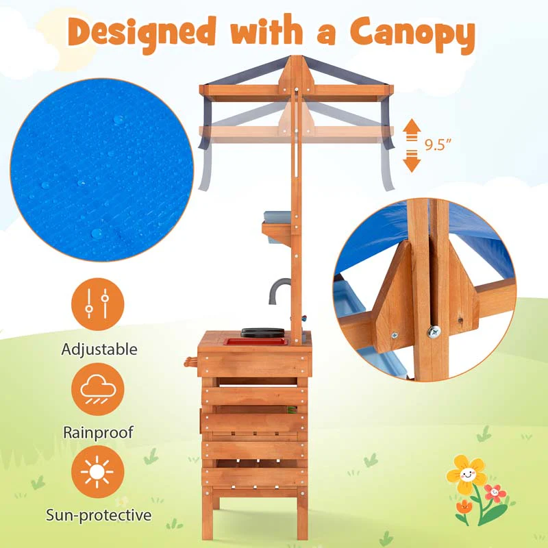 Eletriclife Wooden Pretend Play Kitchen with Height Adjustable Canopy