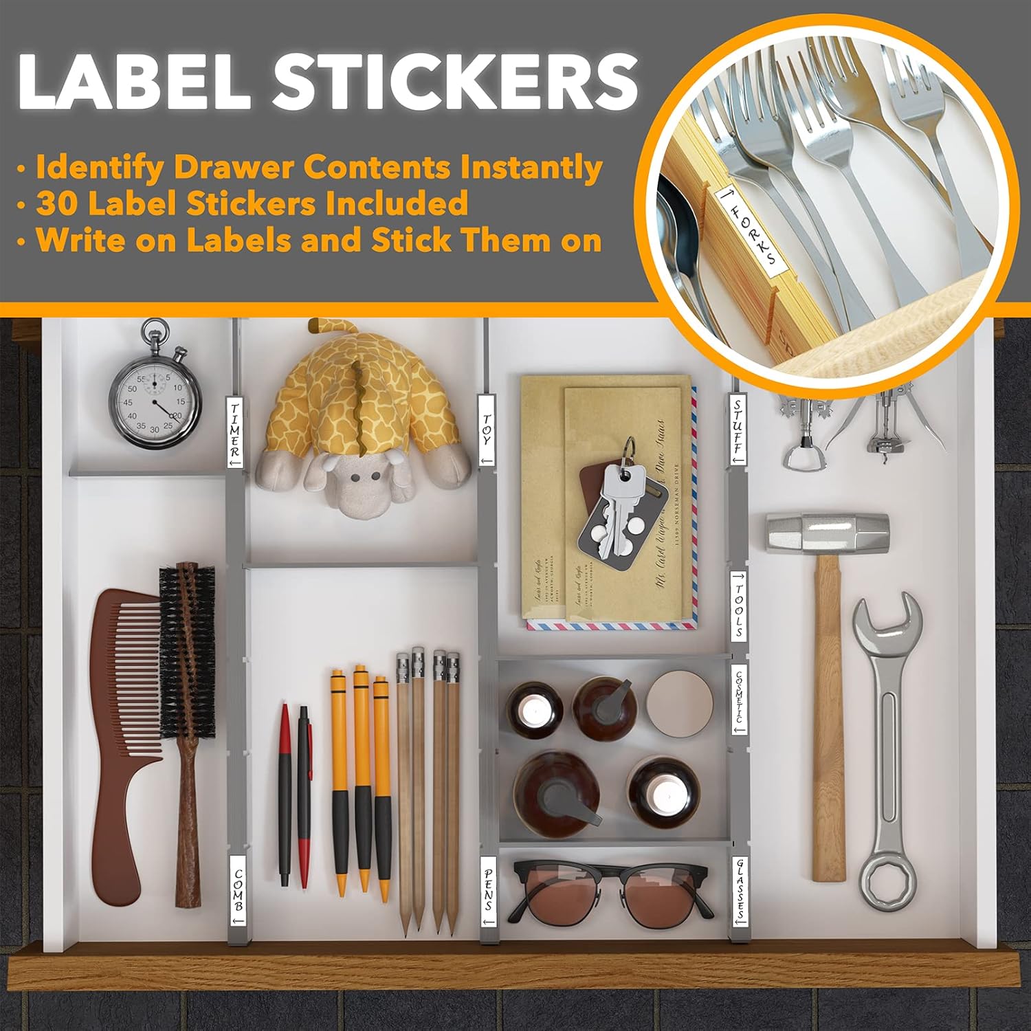 SpaceAid Bamboo Drawer Dividers with Inserts and Labels, Kitchen Adjustable Drawer Organizers, Expandable Organization for Home, Office, Dressers, 4 Dividers with 9 Inserts (17